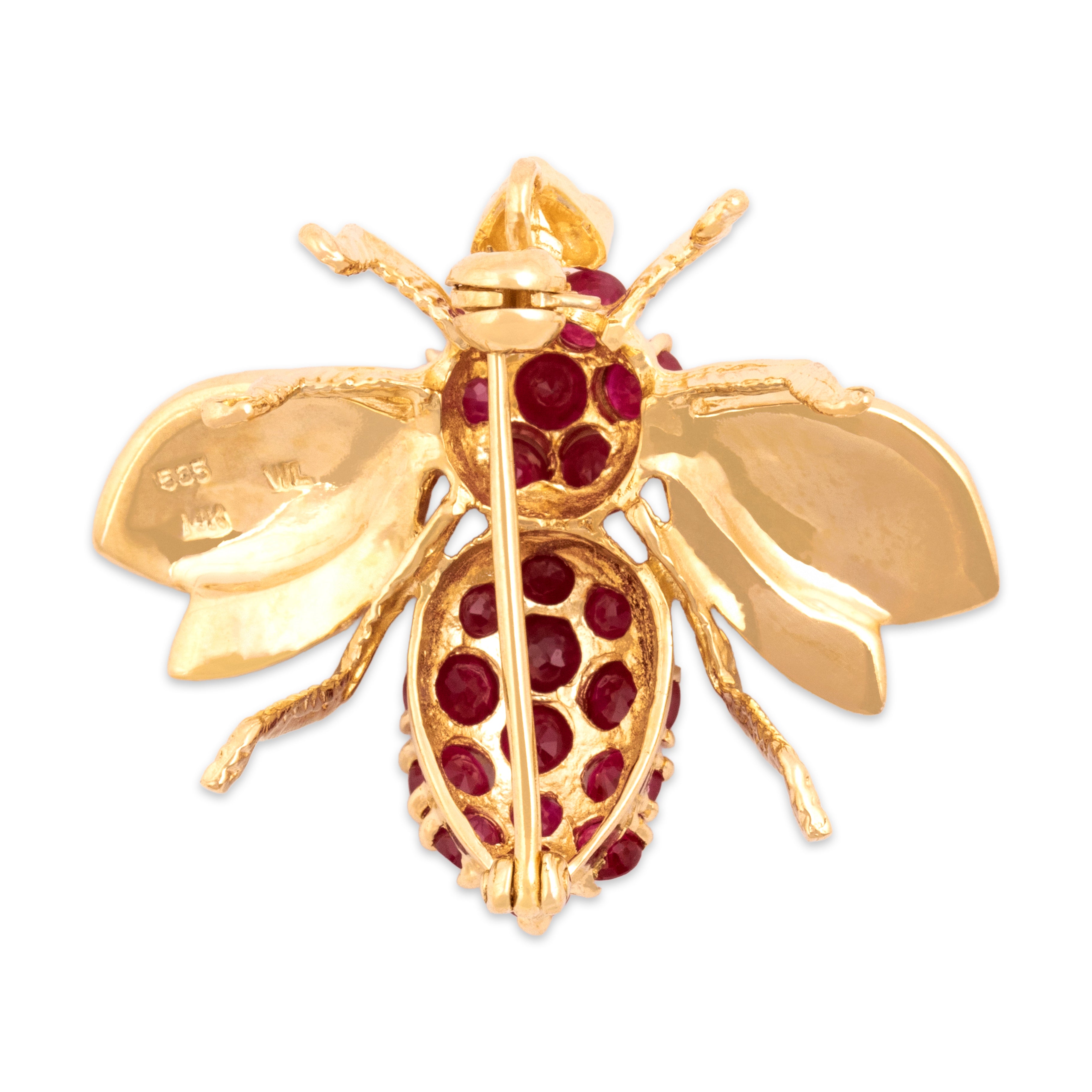 Vintage Large 14k Yellow Gold 1.48cttw Ruby Shimmering Buzzing Insect Pin / Pendant - detail view #2