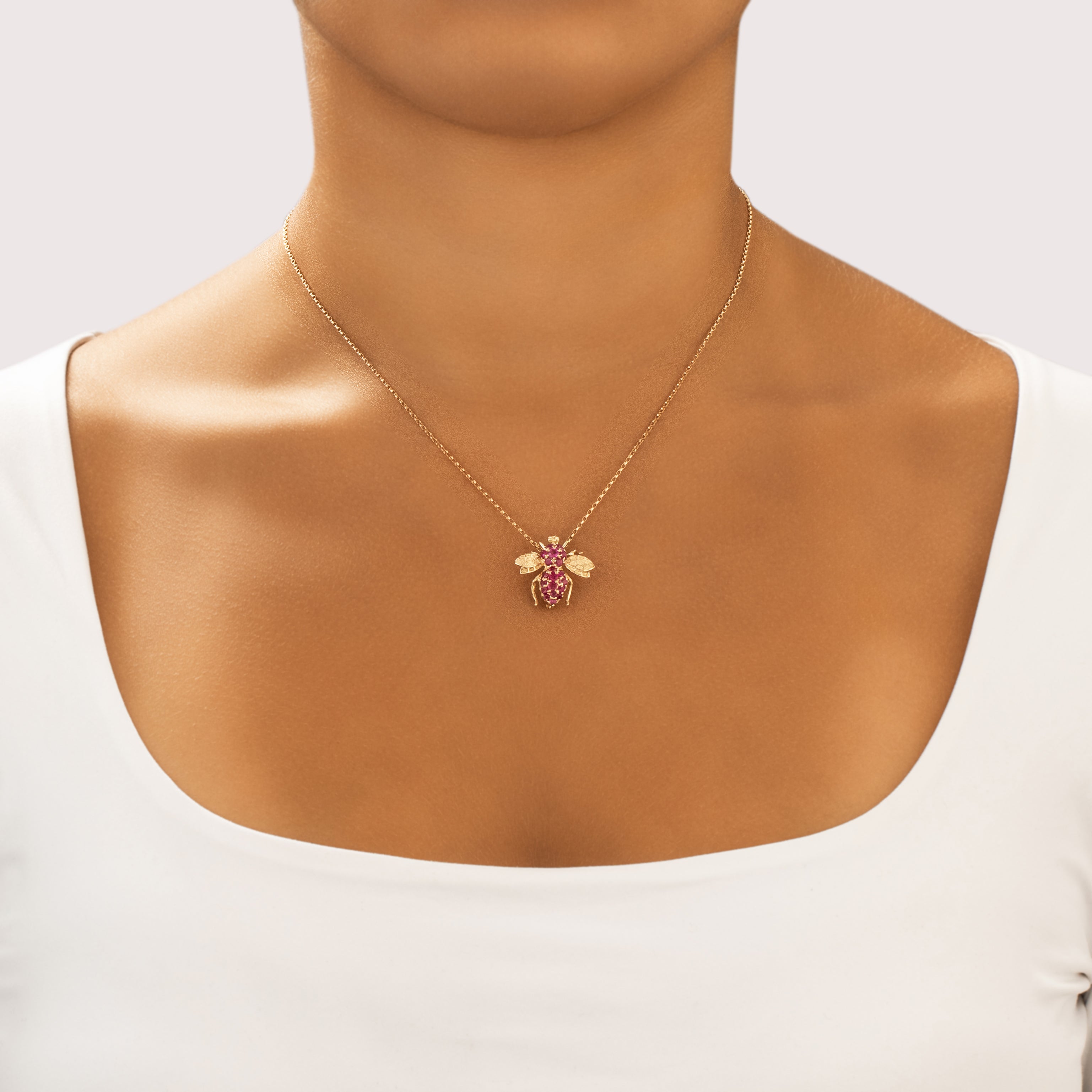 Vintage Small 14k Yellow Gold .69cttw Ruby Flying Insect Pin / Pendant - On model view