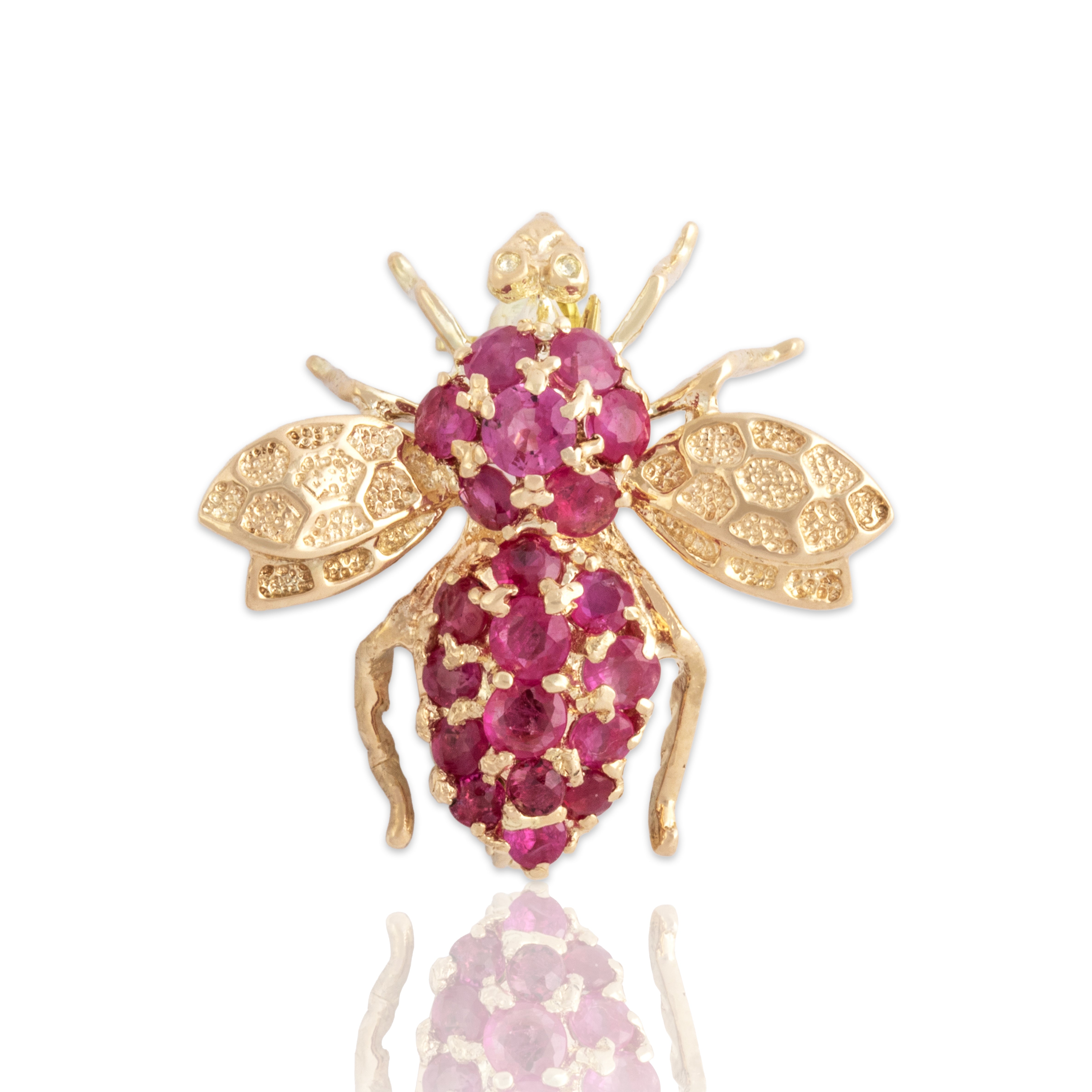 Vintage Small 14k Yellow Gold .69cttw Ruby Flying Insect Pin / Pendant - Close-up view