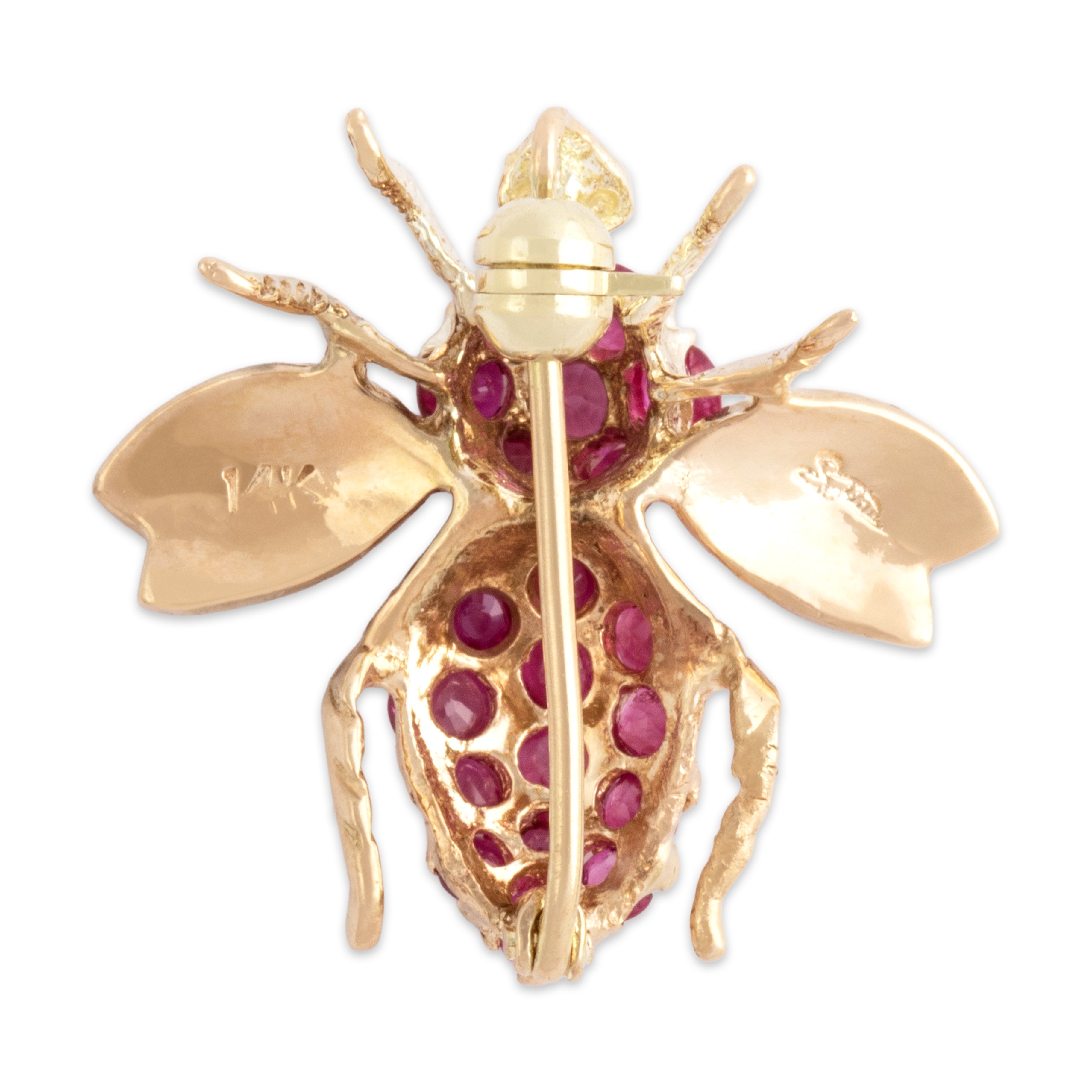 Vintage Small 14k Yellow Gold .69cttw Ruby Flying Insect Pin / Pendant - detail view #2