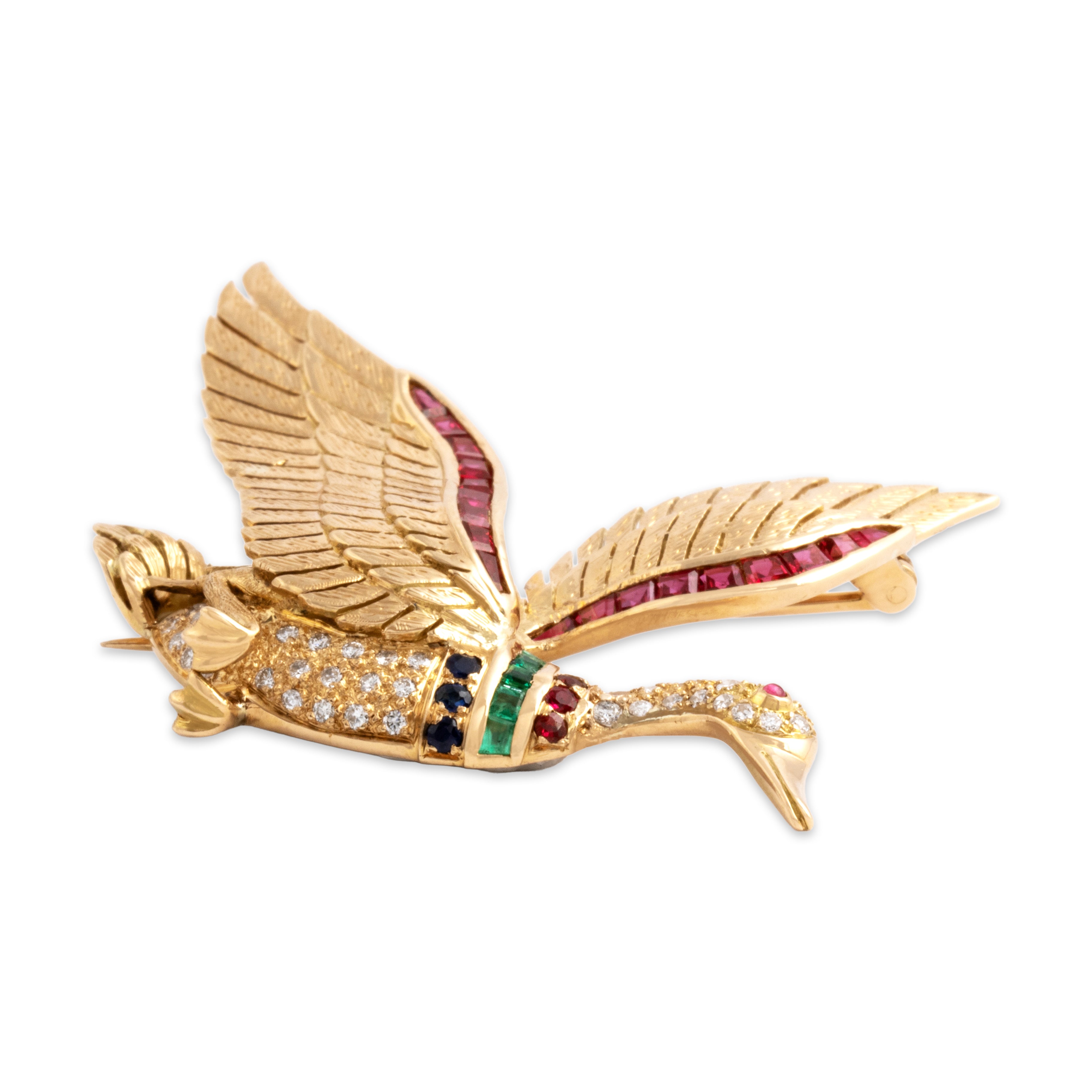Vintage 18k Yellow Gold Ruby Diamond Emerald Blue Sapphire Superb Bird Brooch / Pin