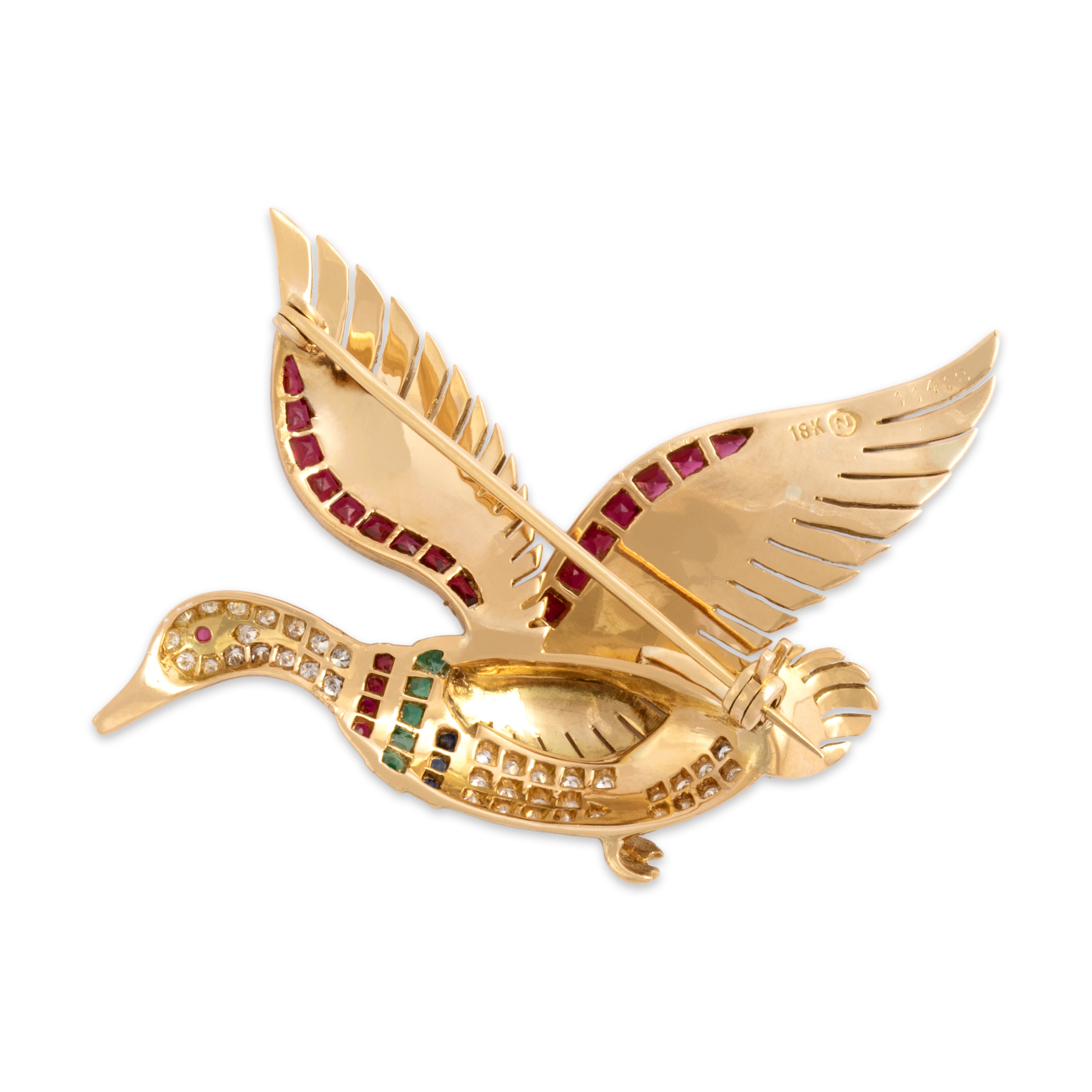Vintage 18k Yellow Gold Ruby Diamond Emerald Blue Sapphire Superb Bird Brooch / Pin