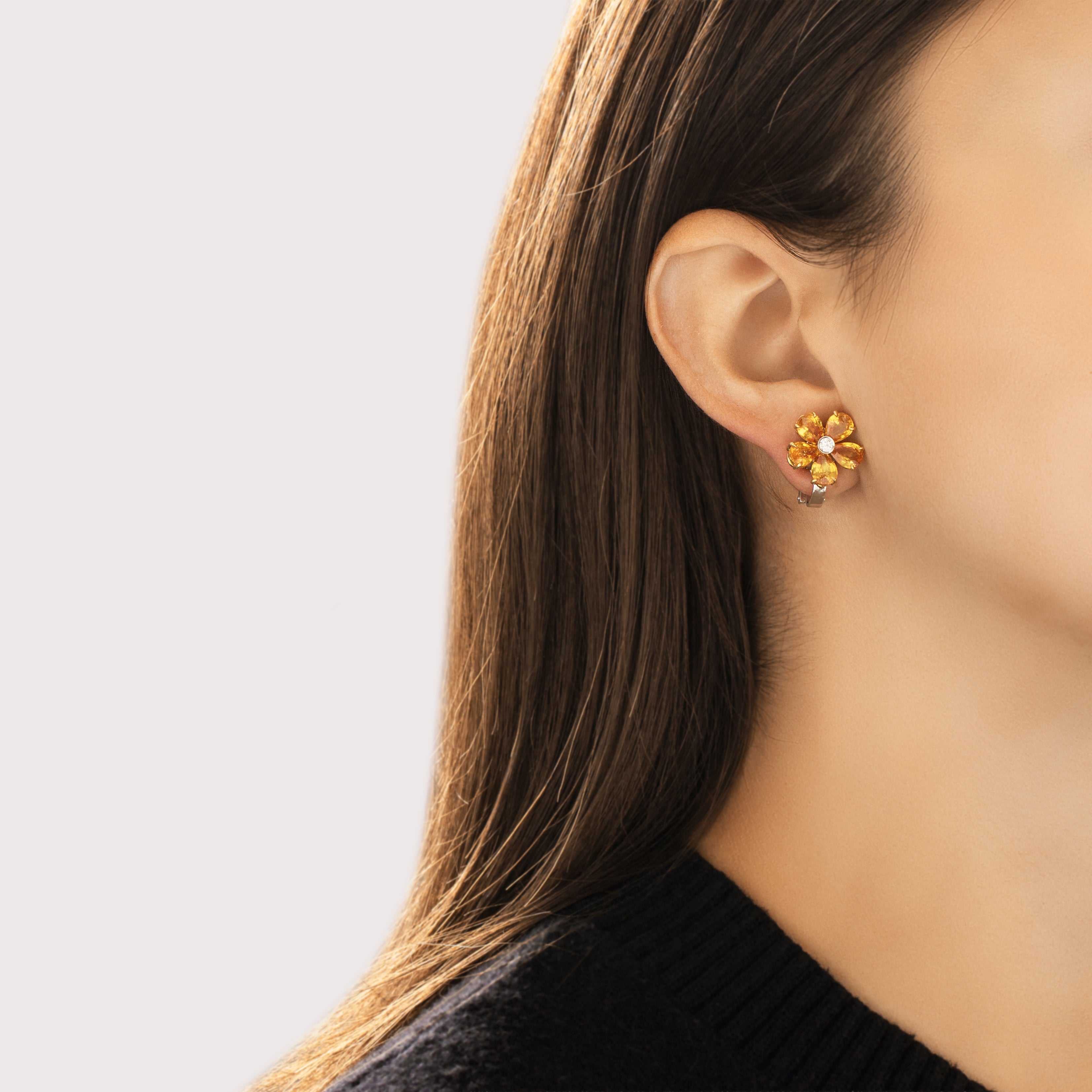 Estate 18k White & Yellow Gold 6.79cttw Yellow Sapphire Diamond Glittering Sunny Flower Convertible Earrings - On model view