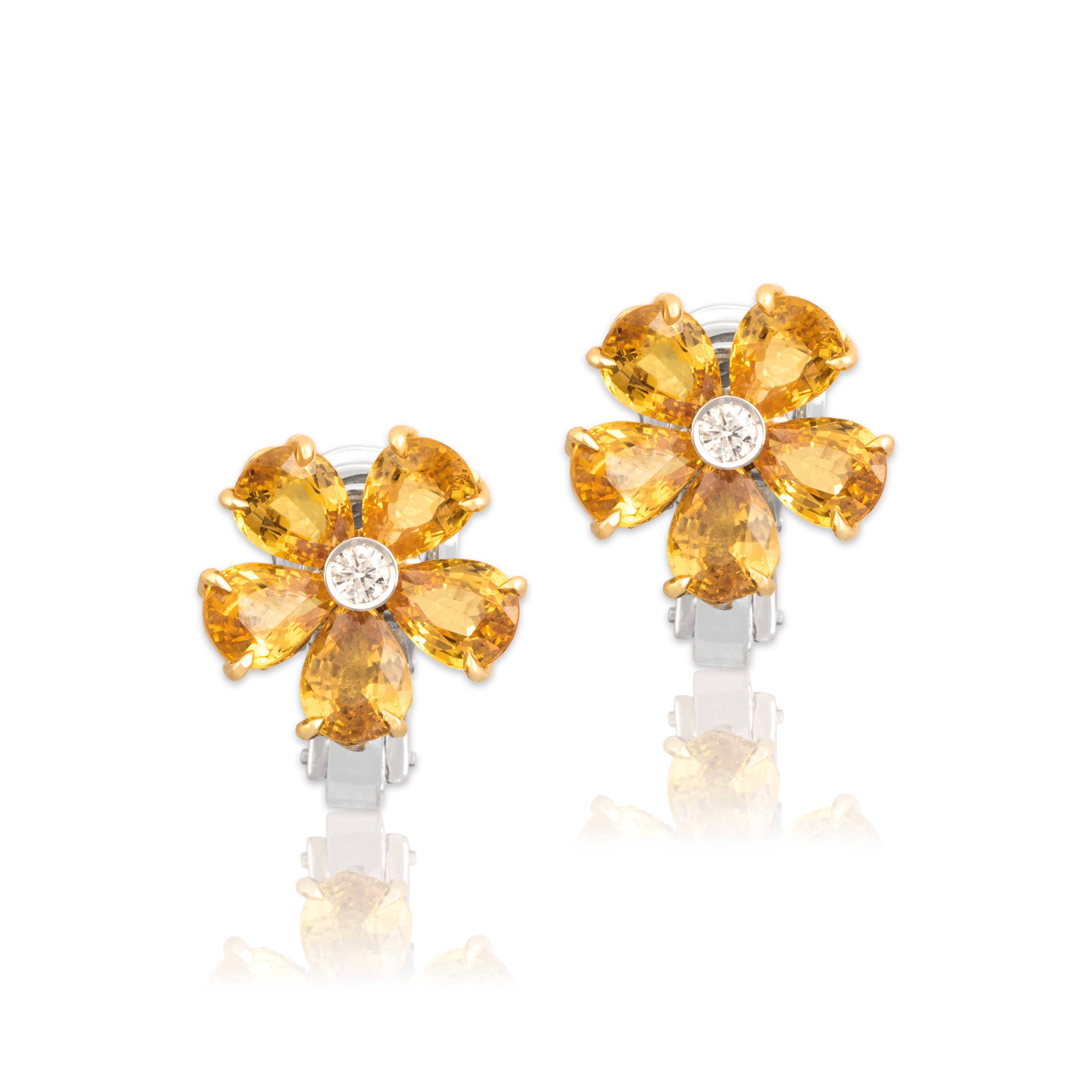 Estate 18k White & Yellow Gold 6.79cttw Yellow Sapphire Diamond Flower Earrings