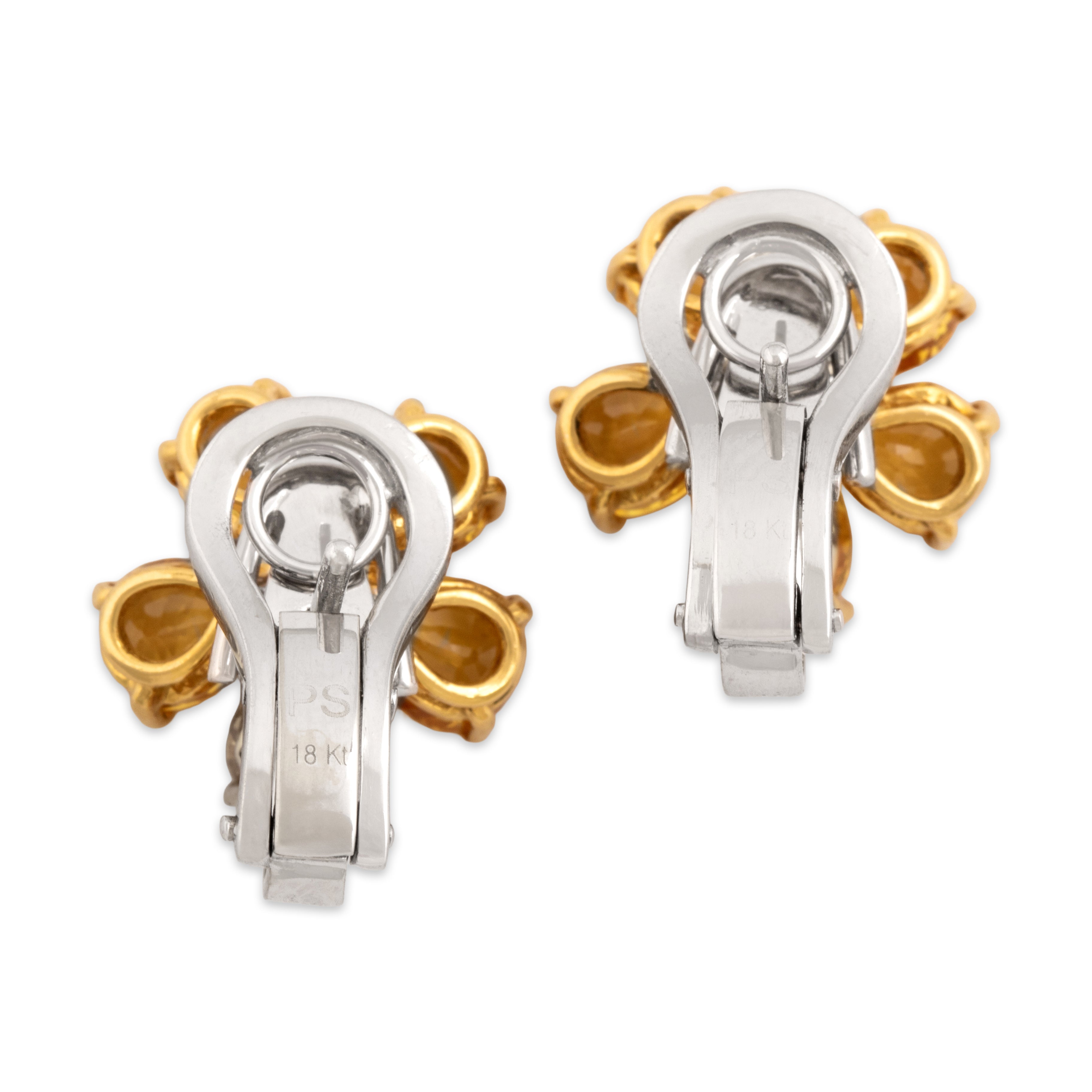 Estate 18k White & Yellow Gold 6.79cttw Yellow Sapphire Diamond Glittering Sunny Flower Convertible Earrings - Back view
