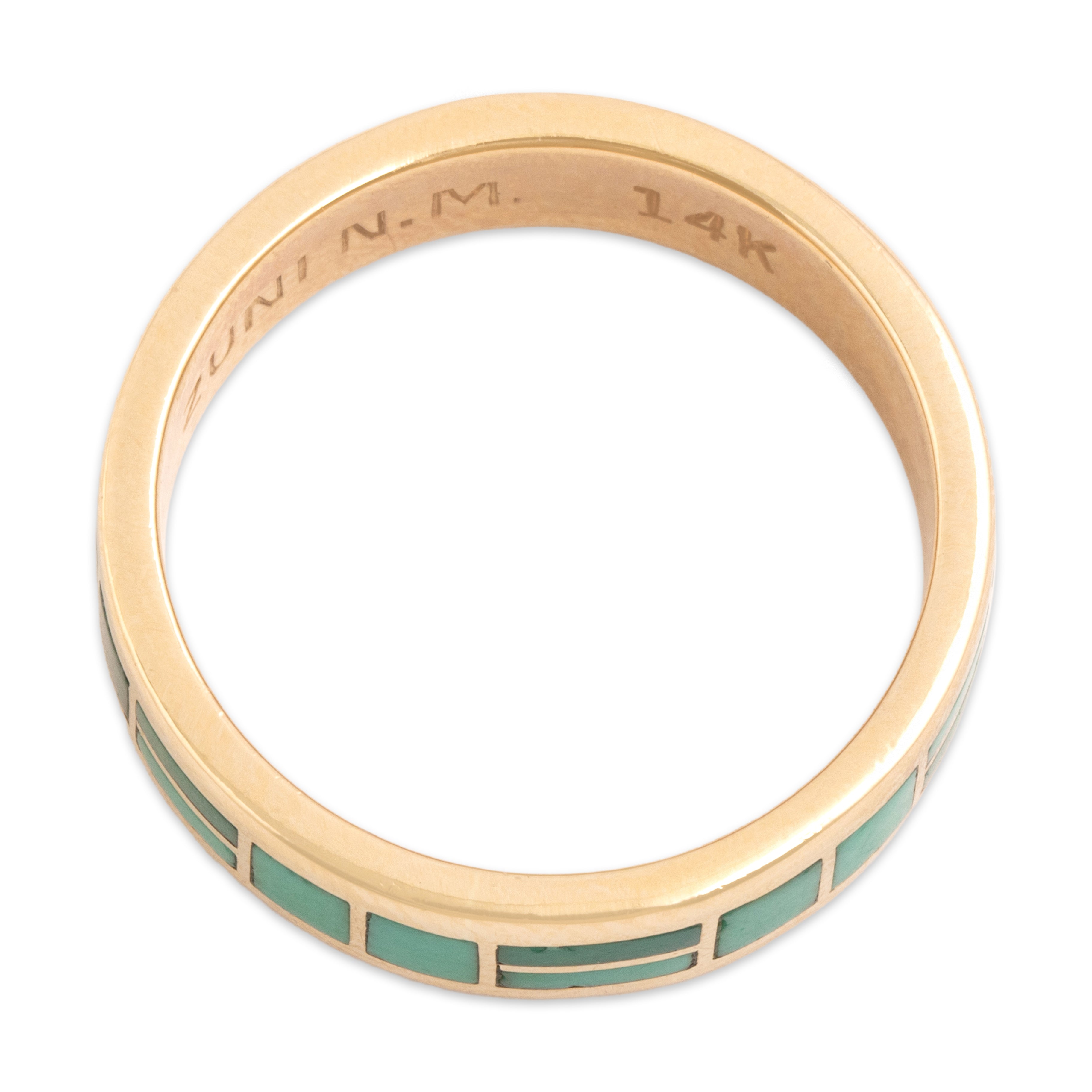 Vintage Nancy And Sheldon Westika 14k Yellow Gold Turquoise Geometric Inlay Eternity Band Ring - detail view #1