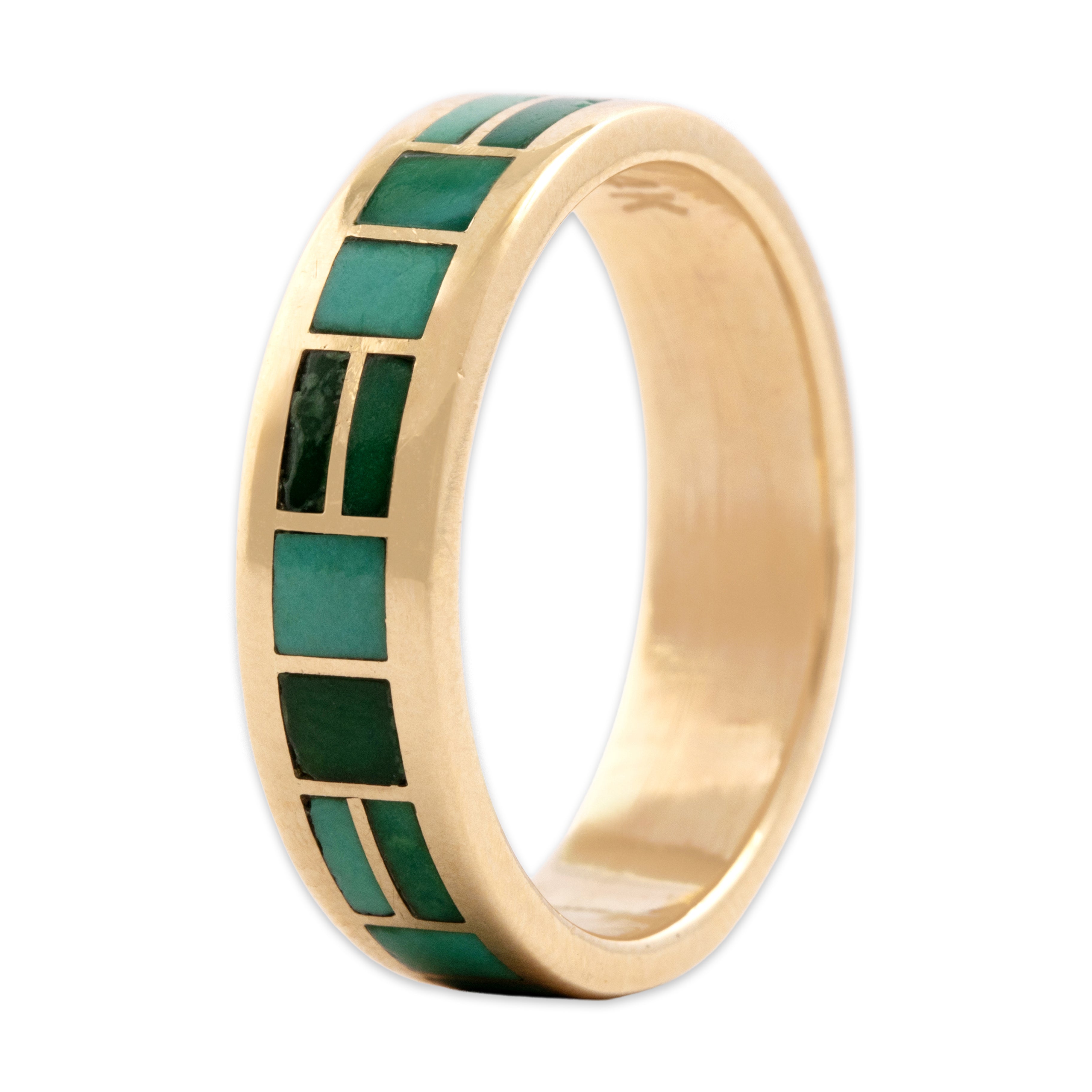Vintage Nancy And Sheldon Westika 14k Yellow Gold Turquoise Geometric Inlay Eternity Band Ring - Overall view