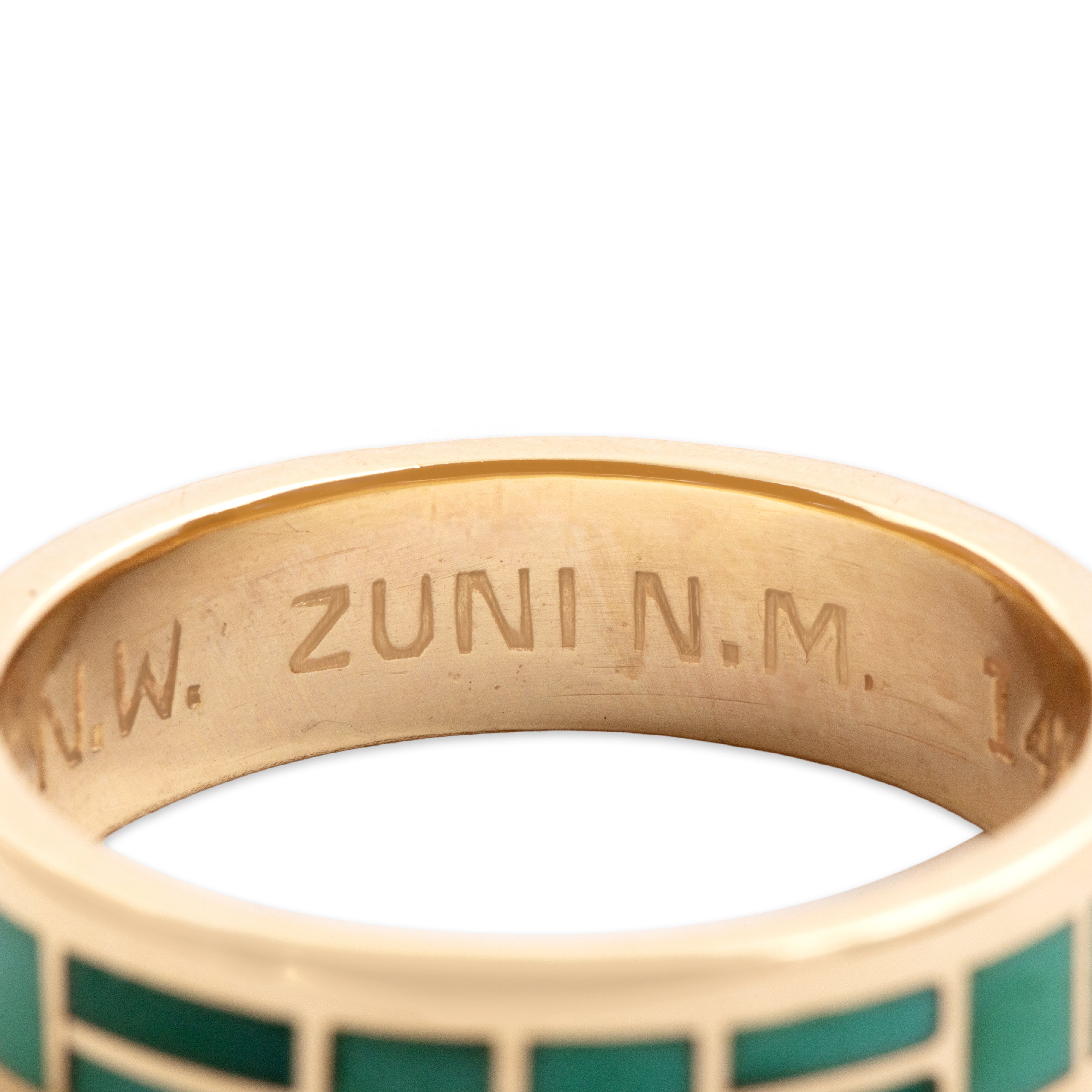 Vintage Nancy And Sheldon Westika 14k Yellow Gold Turquoise Geometric Inlay Eternity Band Ring - Hallmark view
