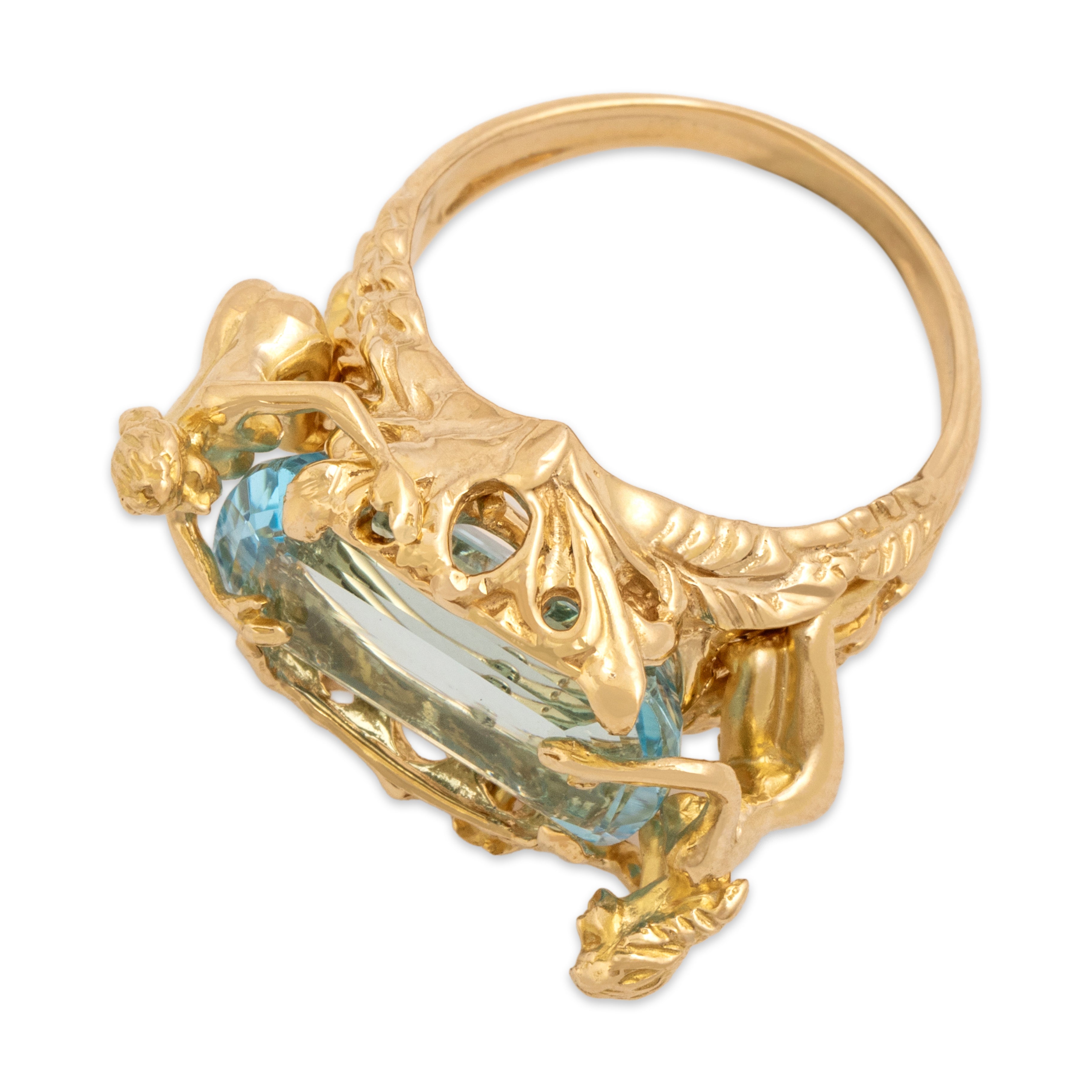 Vintage Italian 14k Yellow Gold 6.9ct Blue Topaz Fabulous Figural Poolside Sirens Ring - Overall view