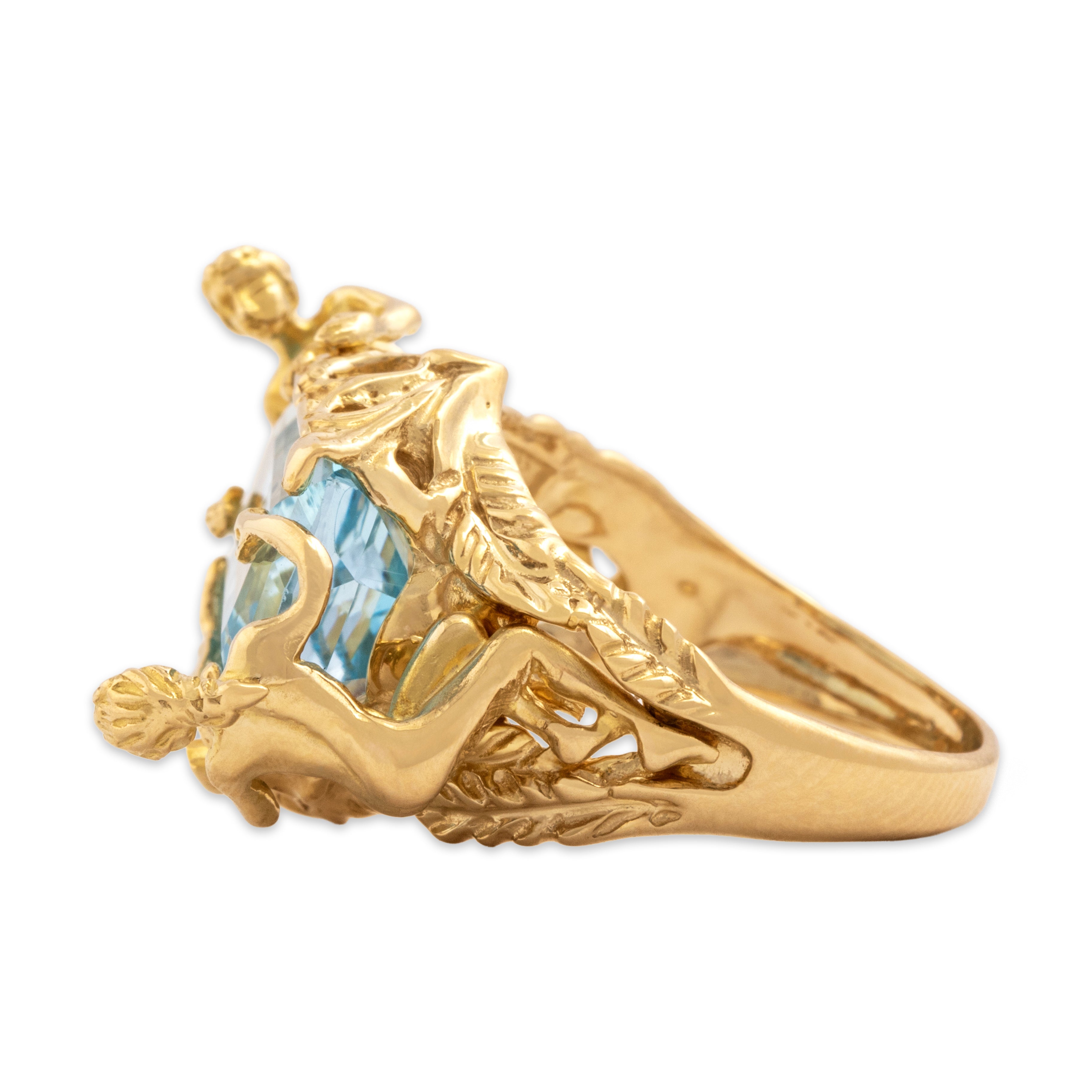 Vintage Italian 14k Yellow Gold 6.9ct Blue Topaz Fabulous Figural Poolside Sirens Ring - Side view