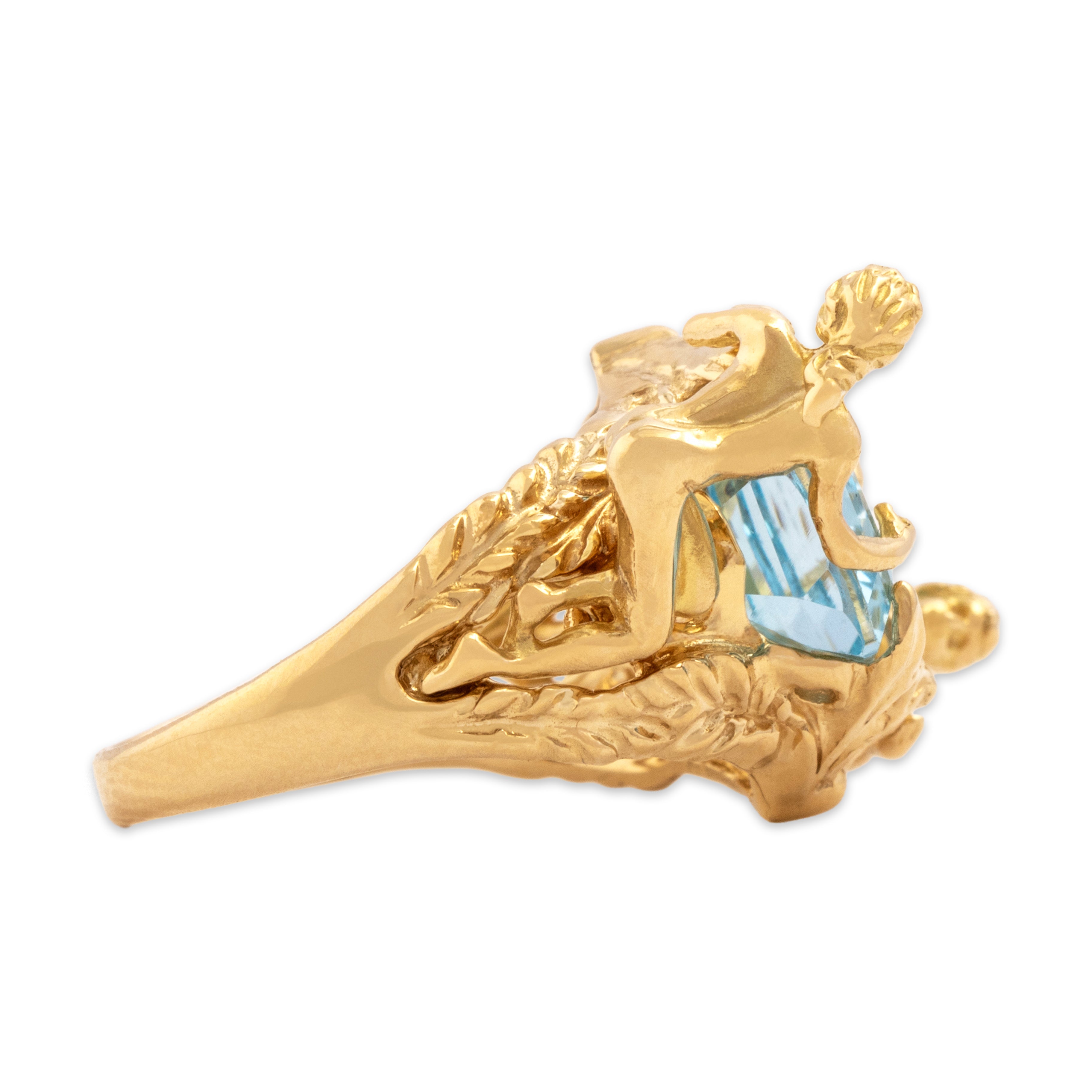 Vintage Italian 14k Yellow Gold 6.9ct Blue Topaz Fabulous Figural Poolside Sirens Ring - Side view