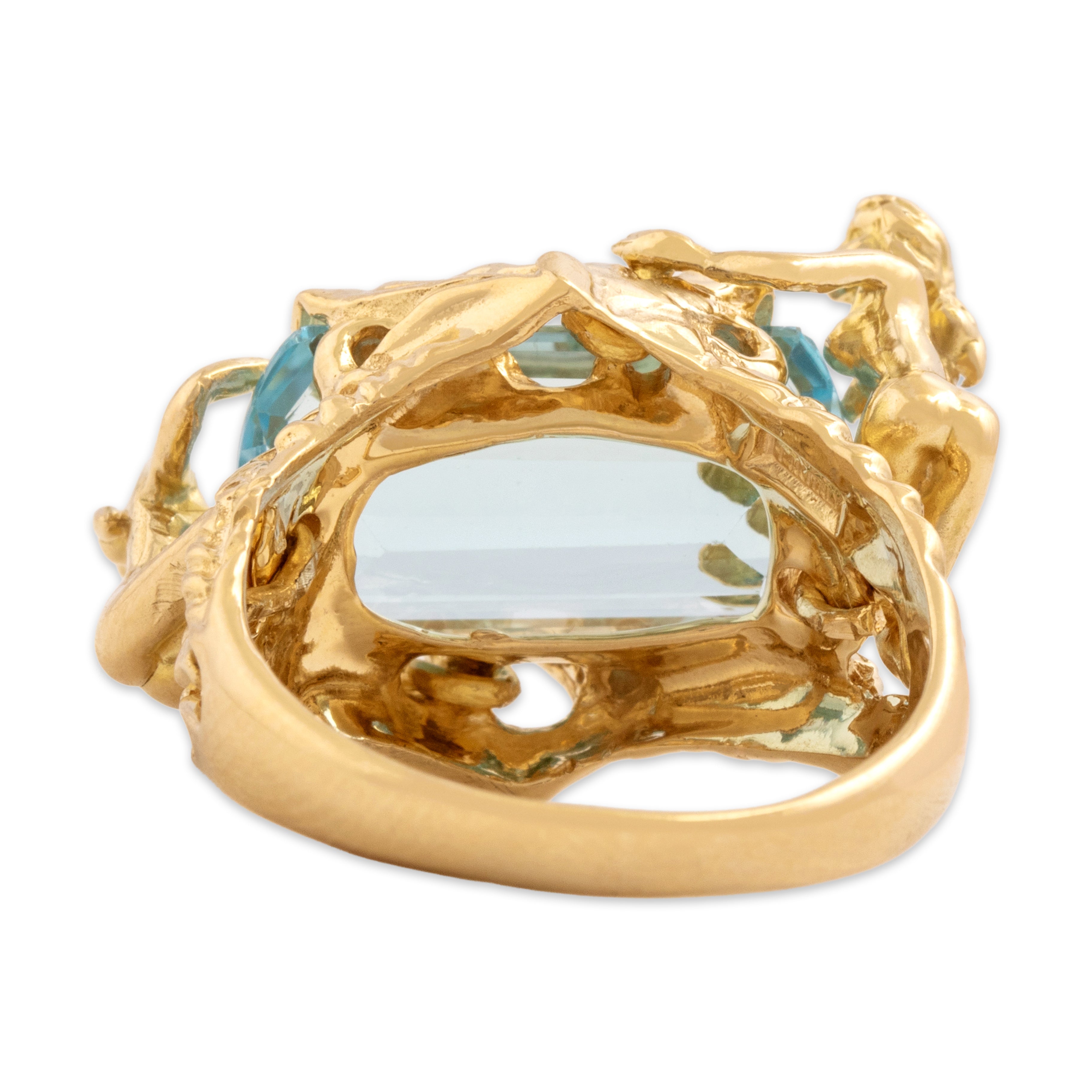 Vintage Italian 14k Yellow Gold 6.9ct Blue Topaz Fabulous Figural Poolside Sirens Ring - Back view