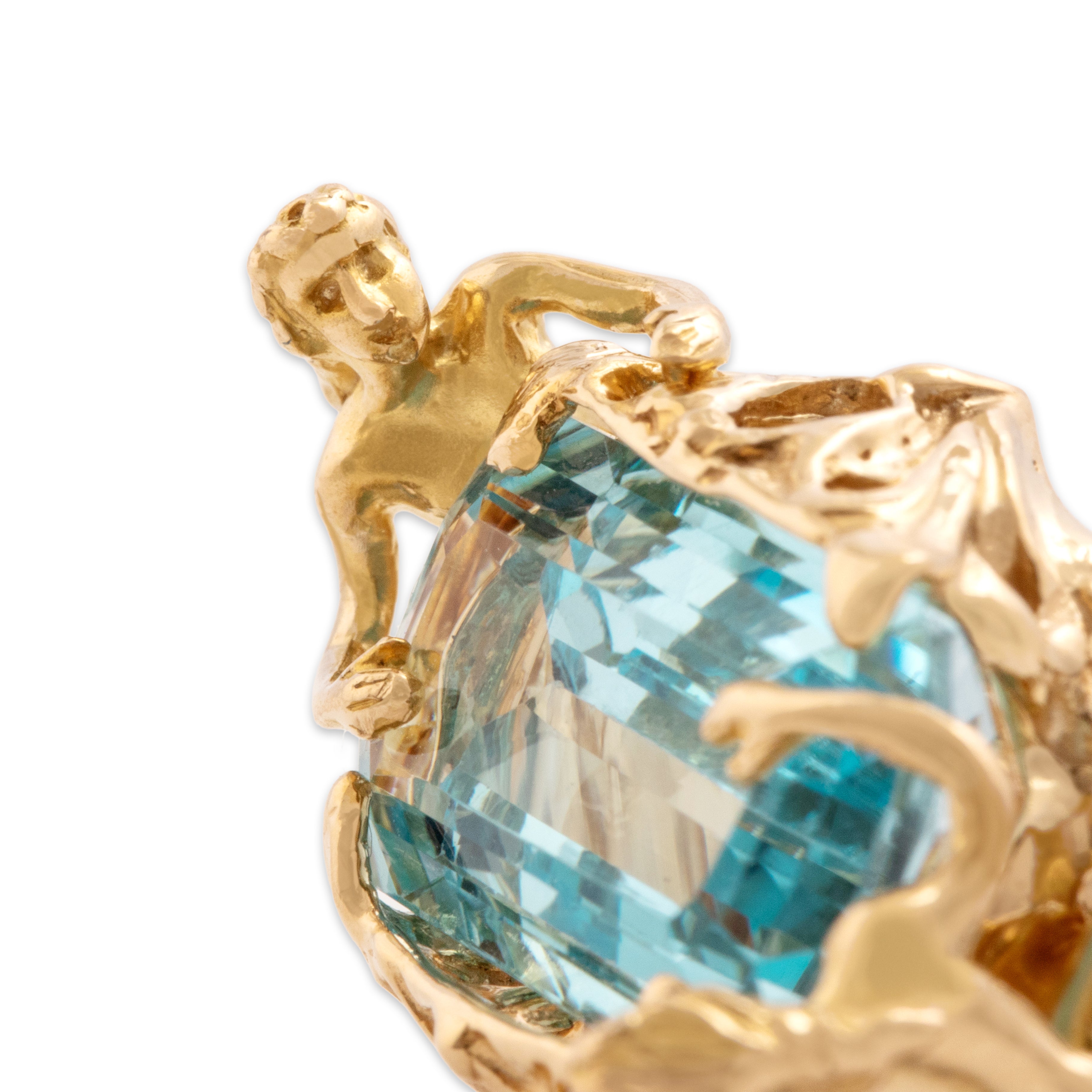 Vintage Italian 14k Yellow Gold 6.9ct Blue Topaz Fabulous Figural Poolside Sirens Ring - detail view #1