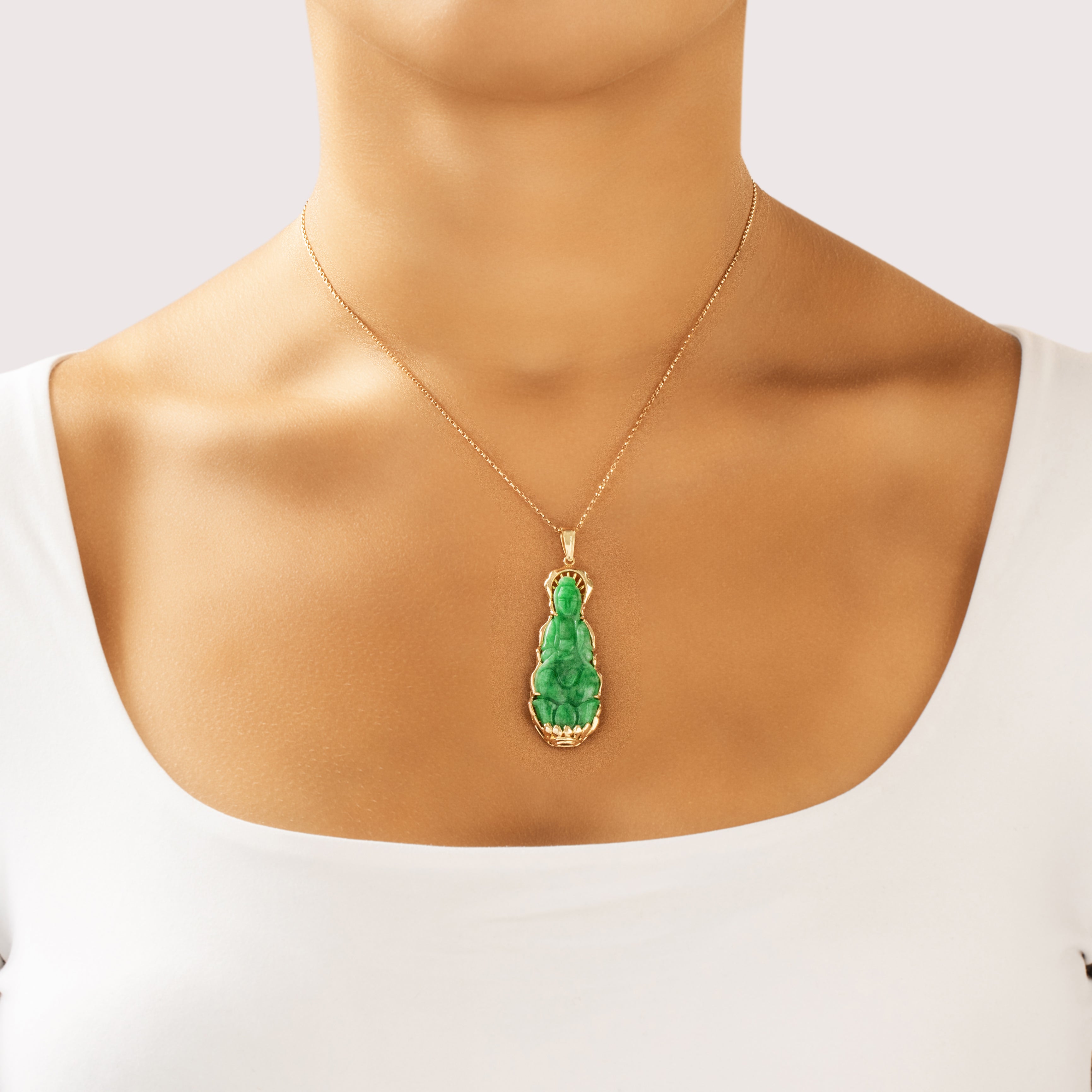 Vintage Large 14k Yellow Gold Jade Carved Buddha Pendant - On model view