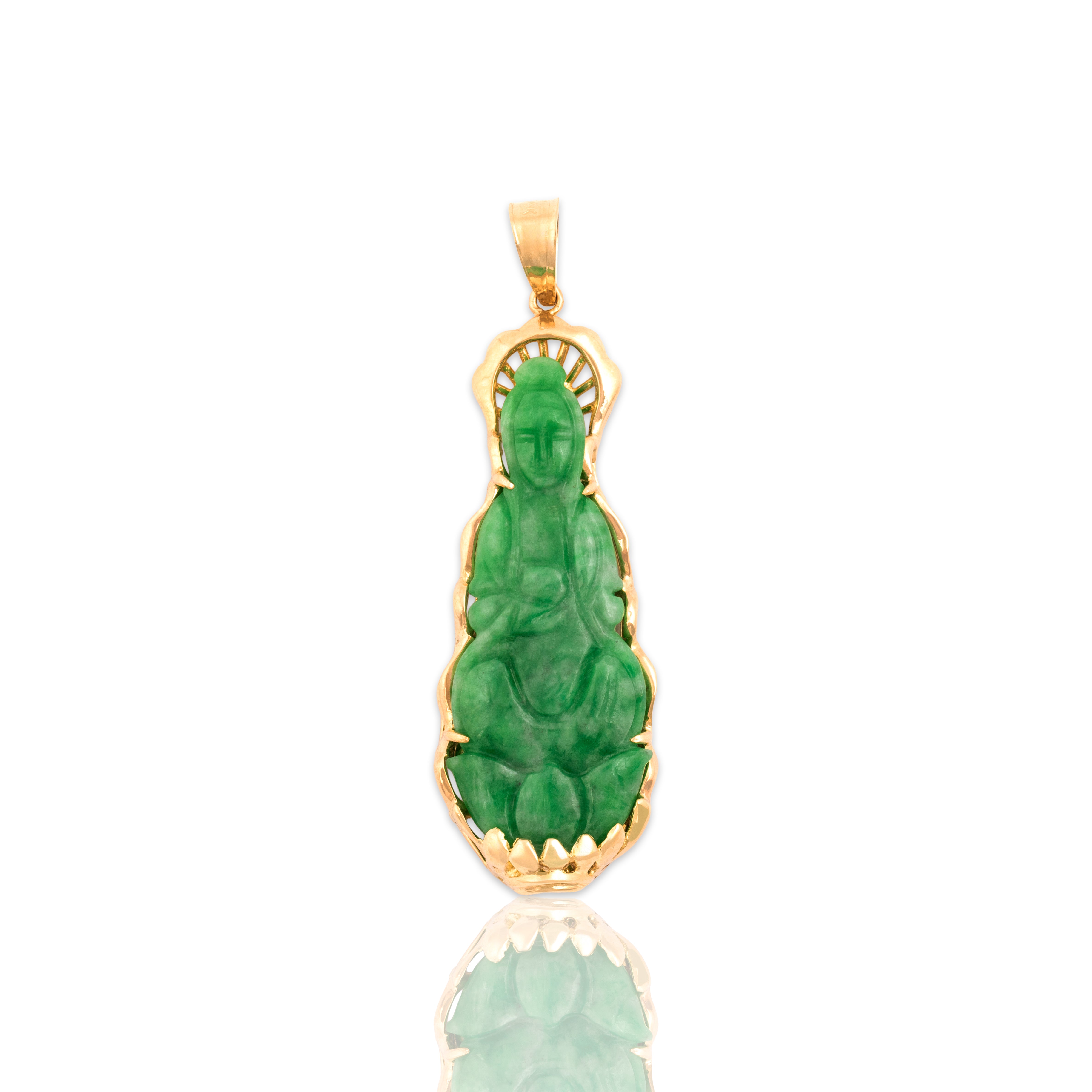 Vintage Large 14k Yellow Gold Jade Carved Buddha Pendant - Close-up view