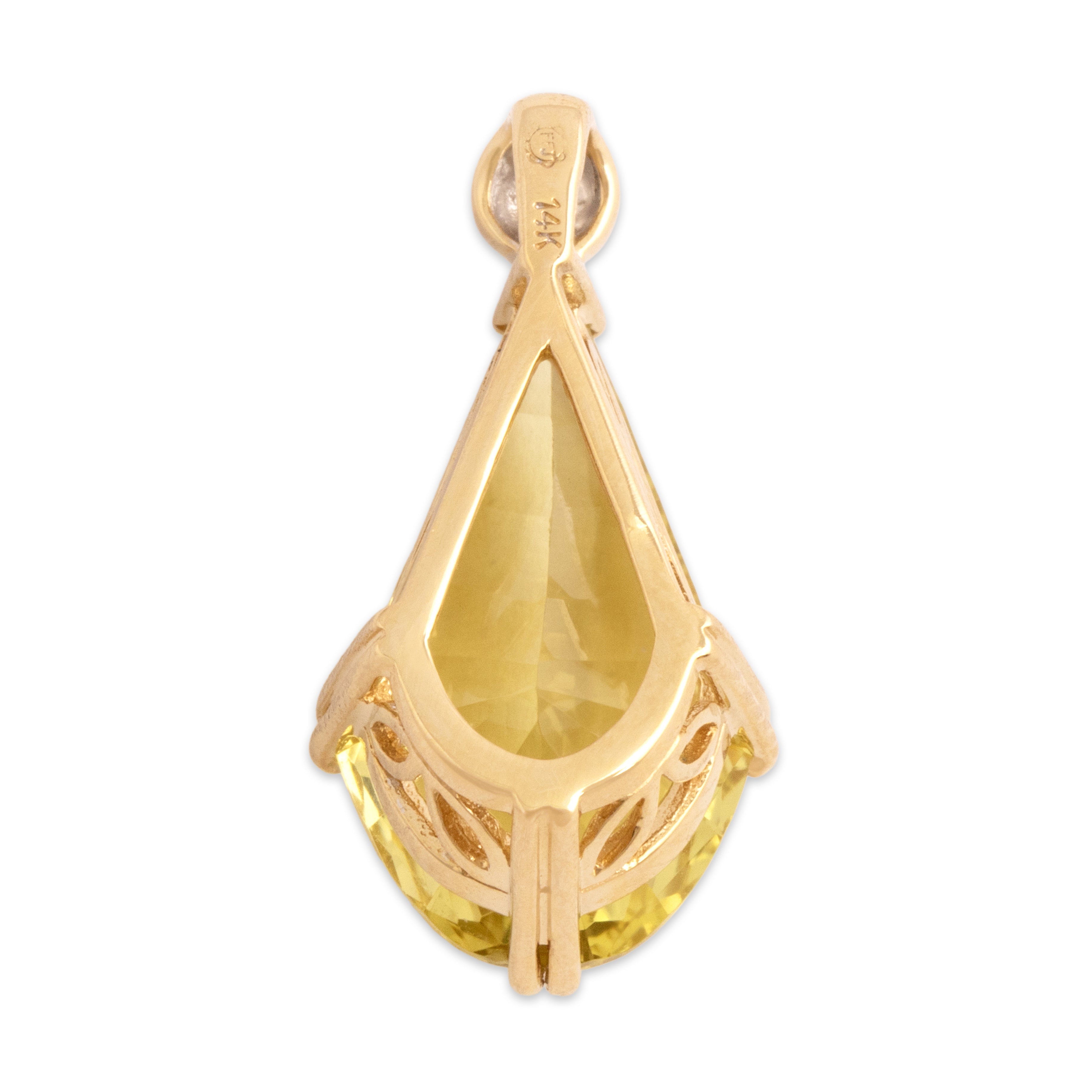 Vintage 14k Yellow Gold 7.28ct Lemon Quartz Diamond Fabulous Fancy-Cut Teardrop Pendant - Back view