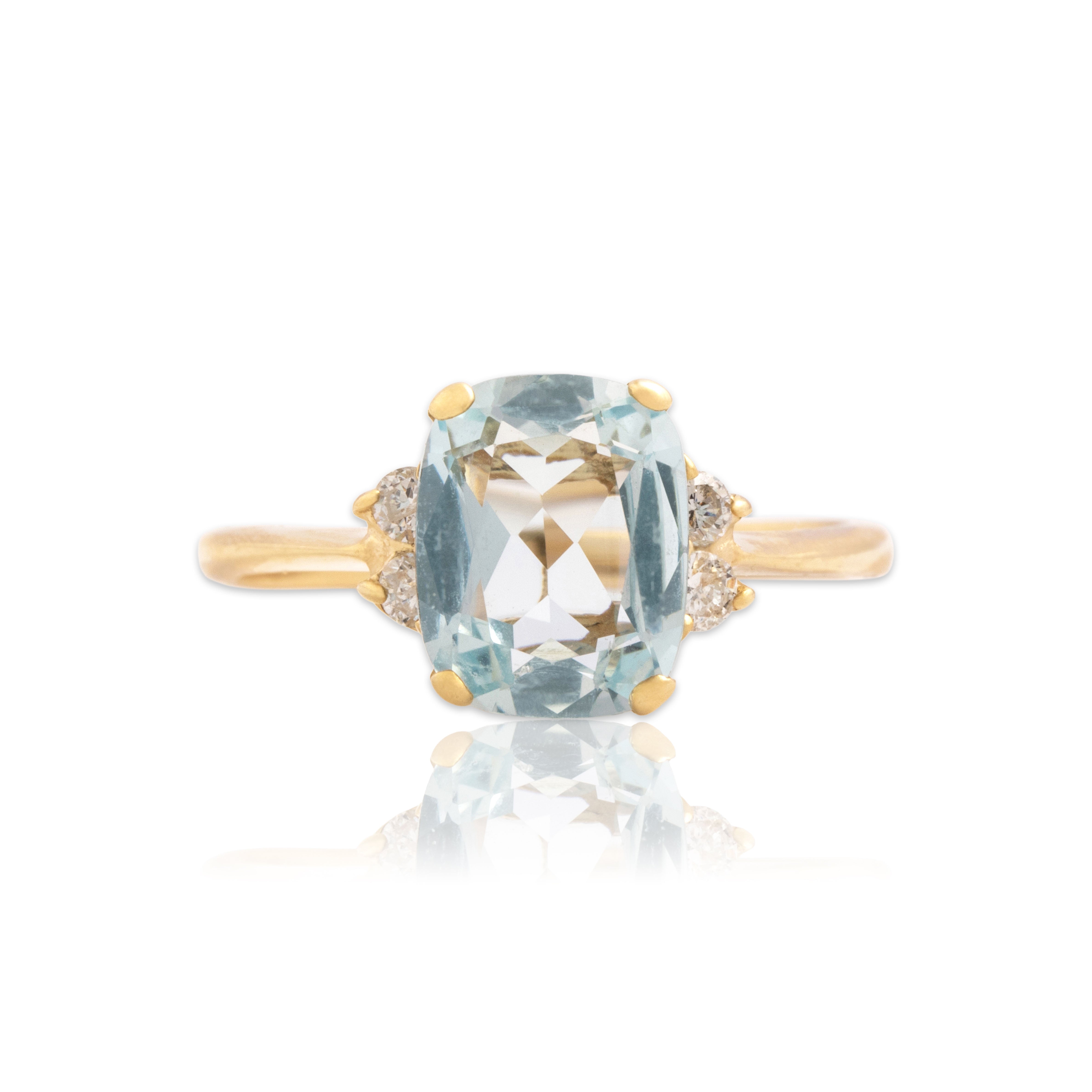 Vintage 14k Yellow Gold 1.97ct Aquamarine Diamond Accented Cushion Ring 8.25