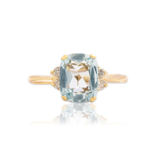 Vintage 14k Yellow Gold 1.97ct Aquamarine Diamond Accented Cushion Ring 8.25