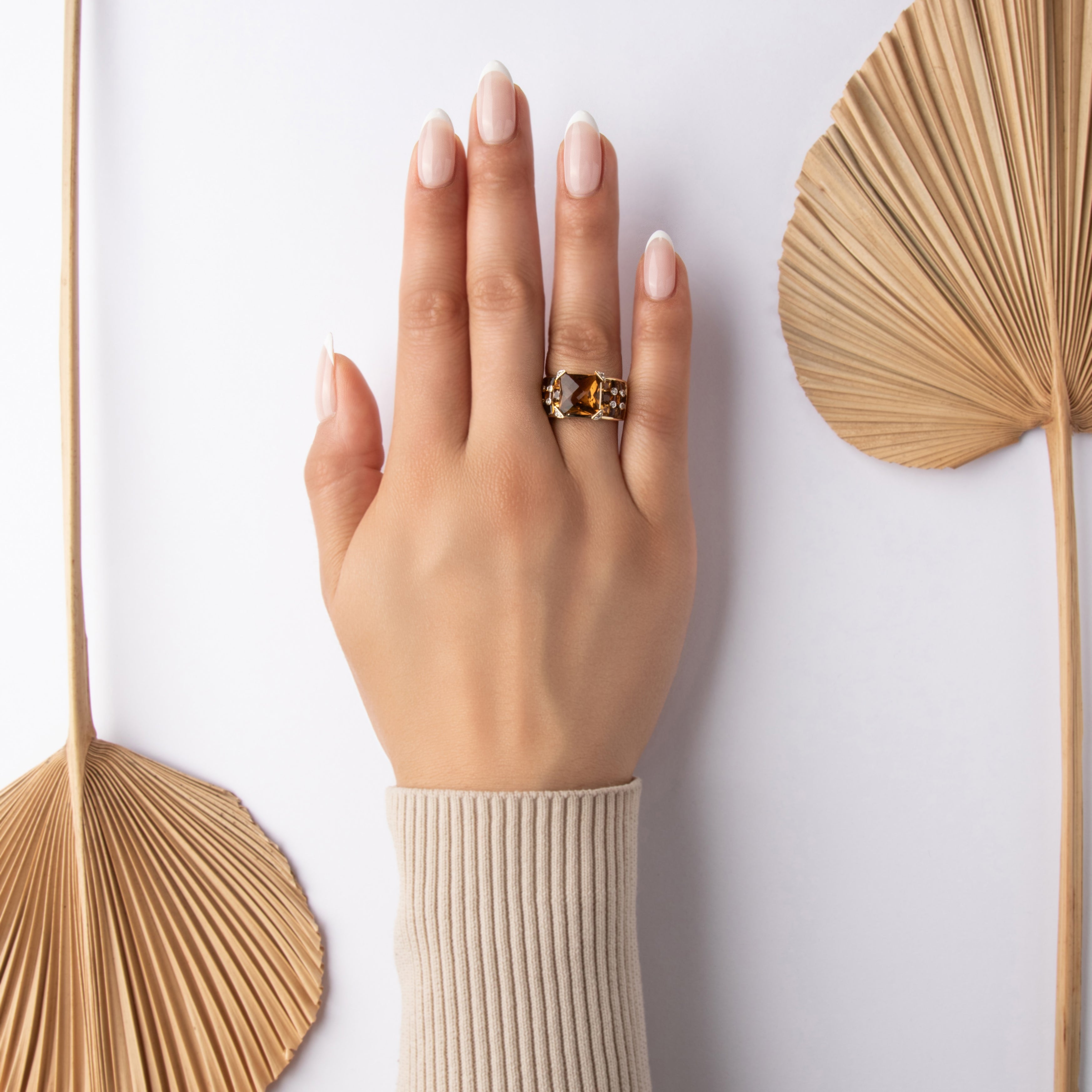Vintage 14k Yellow Gold 4.82cttw Smoky Citrine .92cttw Smoky Quartz Diamond Bold Geometric Checkerboard Ring - On model view