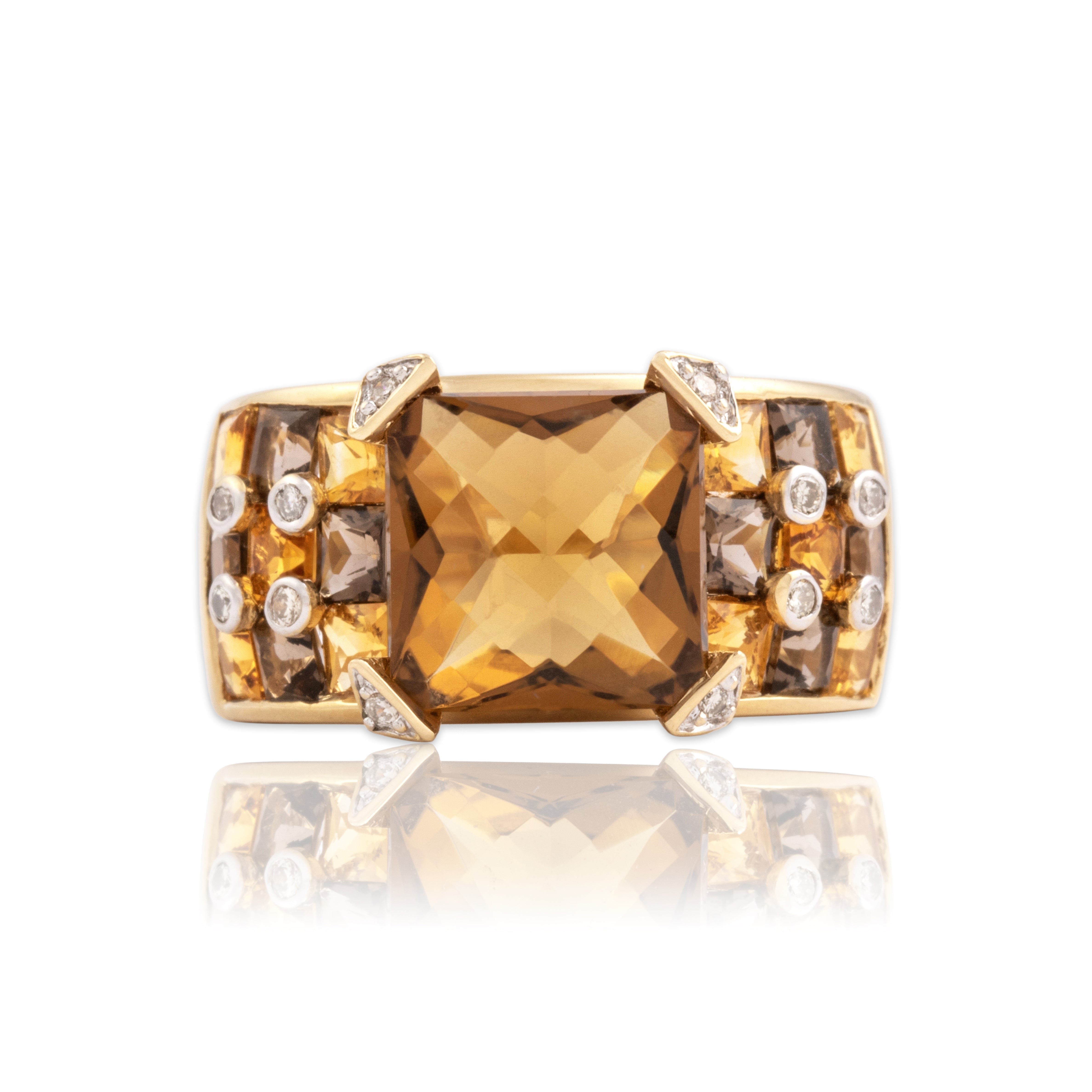 Vintage 14k Yellow Gold 4.82cttw Smoky Citrine .92cttw Smoky Quartz Diamond Bold Geometric Checkerboard Ring - Close-up view