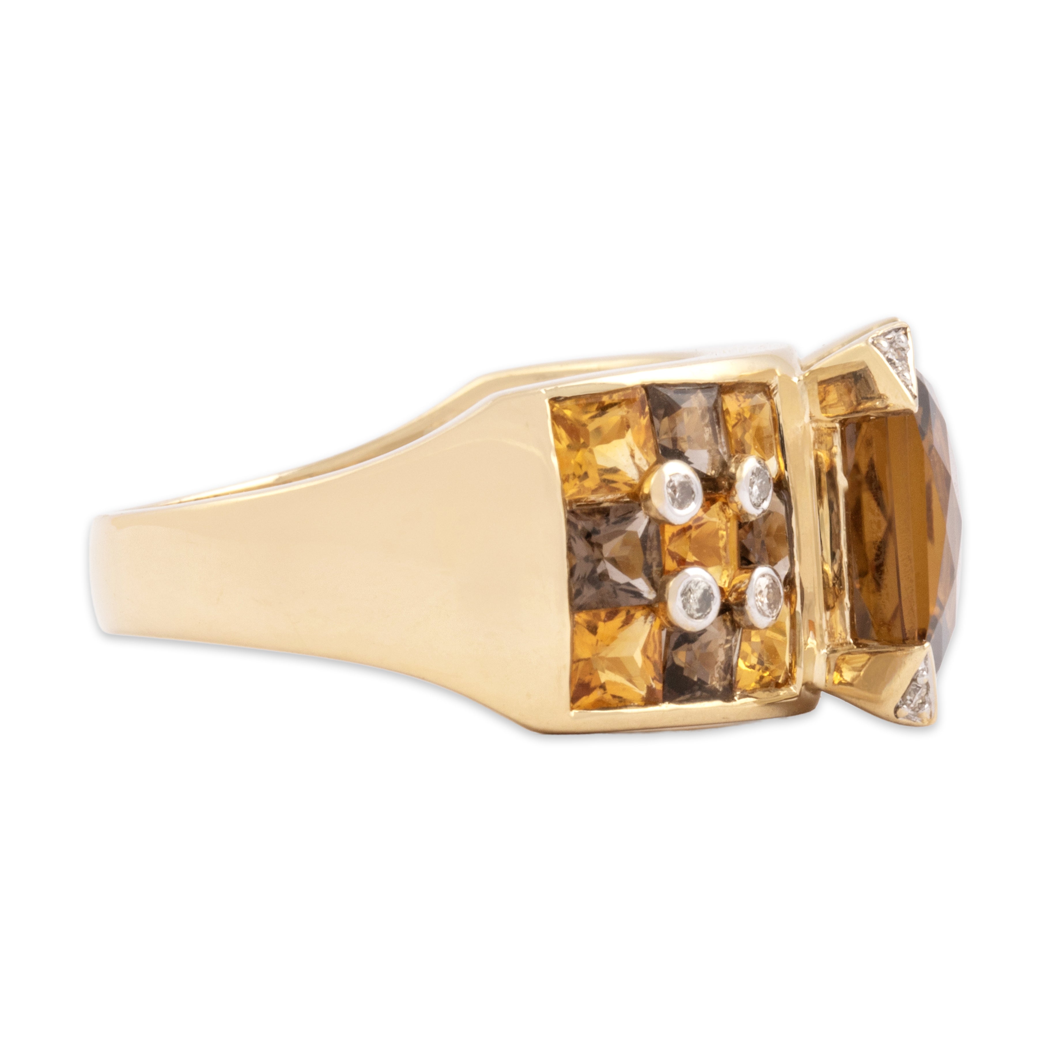 Vintage 14k Yellow Gold 4.82cttw Smoky Citrine .92cttw Smoky Quartz Diamond Bold Geometric Checkerboard Ring - Side view