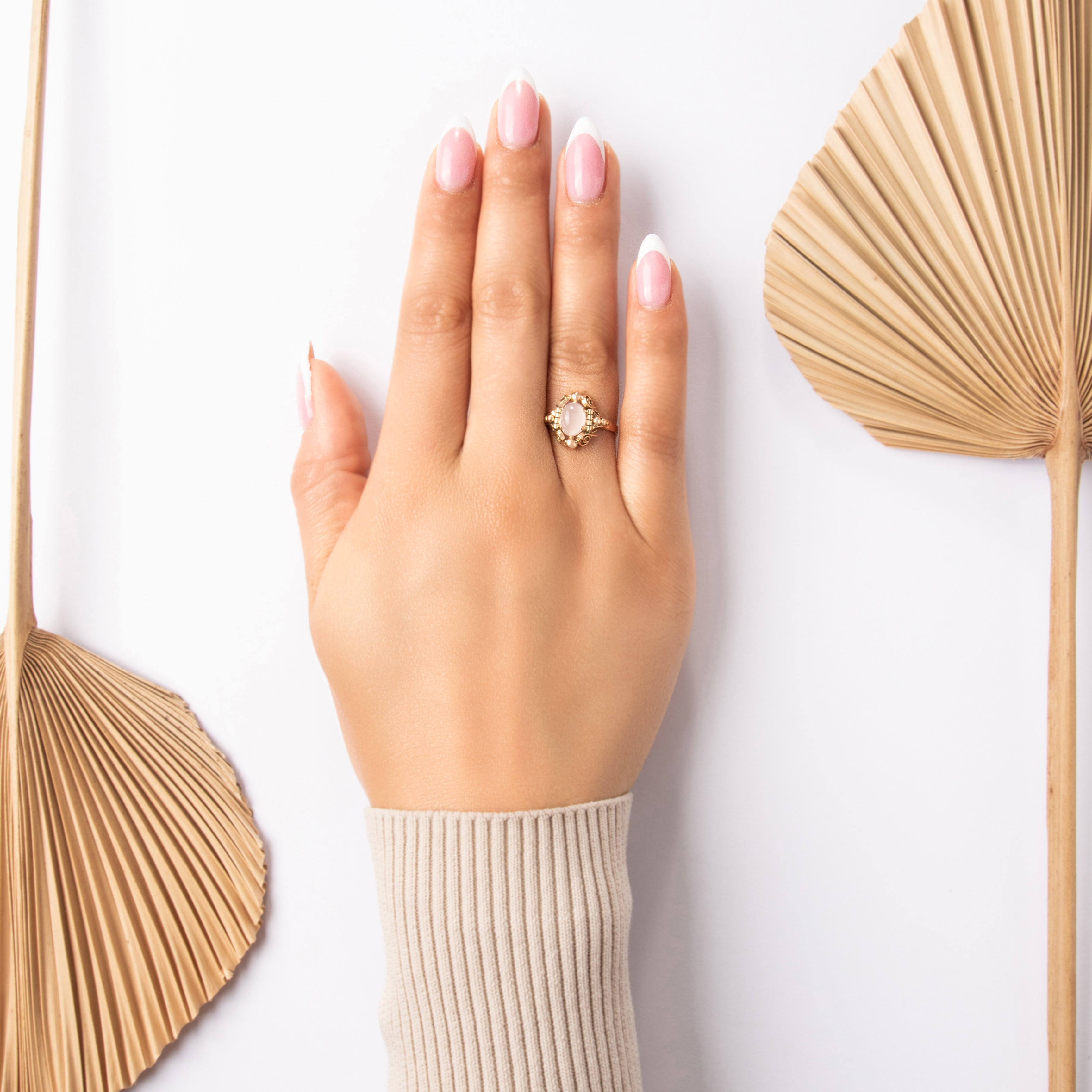 Vintage Austrian 14k Yellow & Rose Gold 1.43ct Rose Quartz Detailed Scrolling Frame Ring - On model view