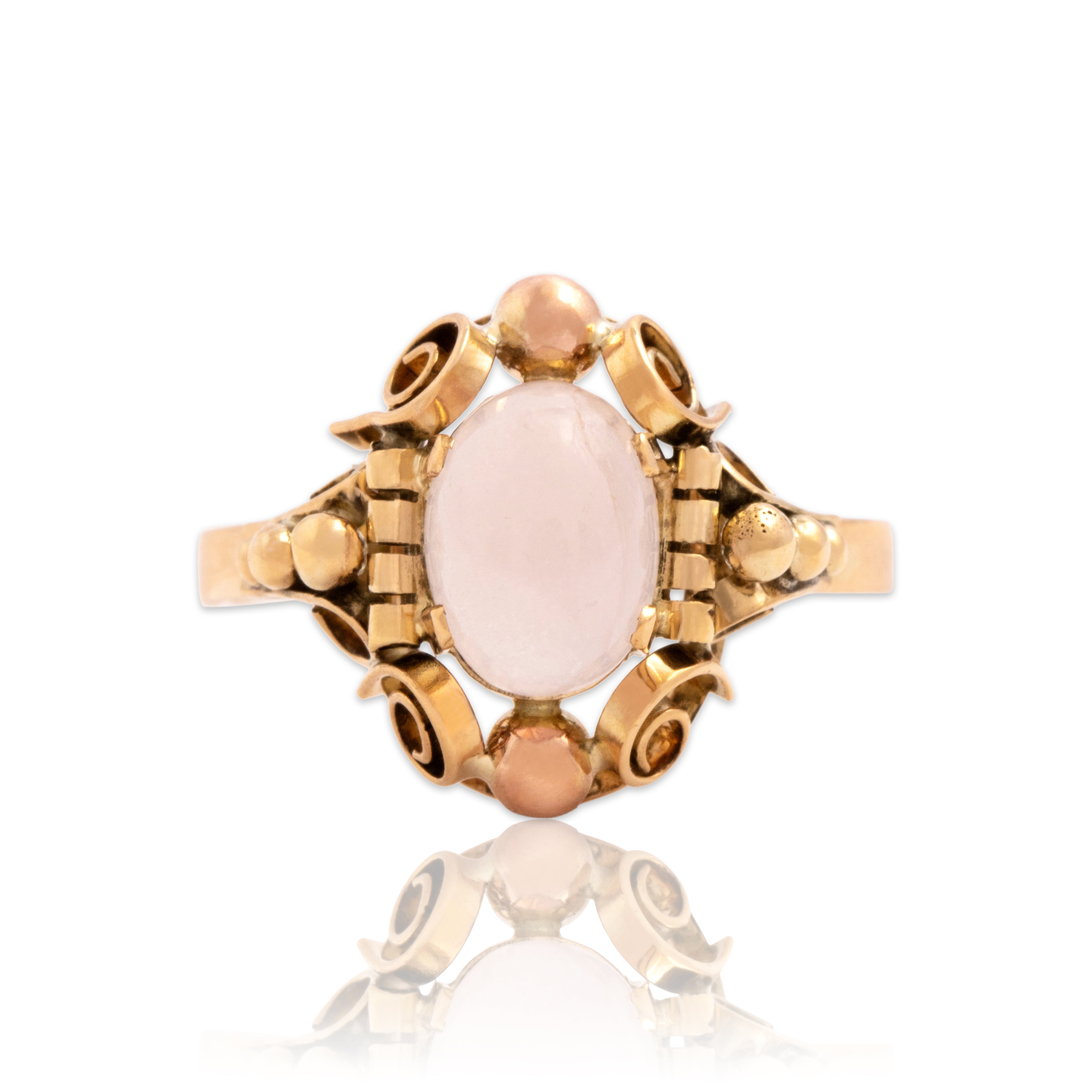 Vintage Austrian 14k Yellow & Rose Gold 1.43ct Rose Quartz Detailed Scrolling Frame Ring - Close-up view
