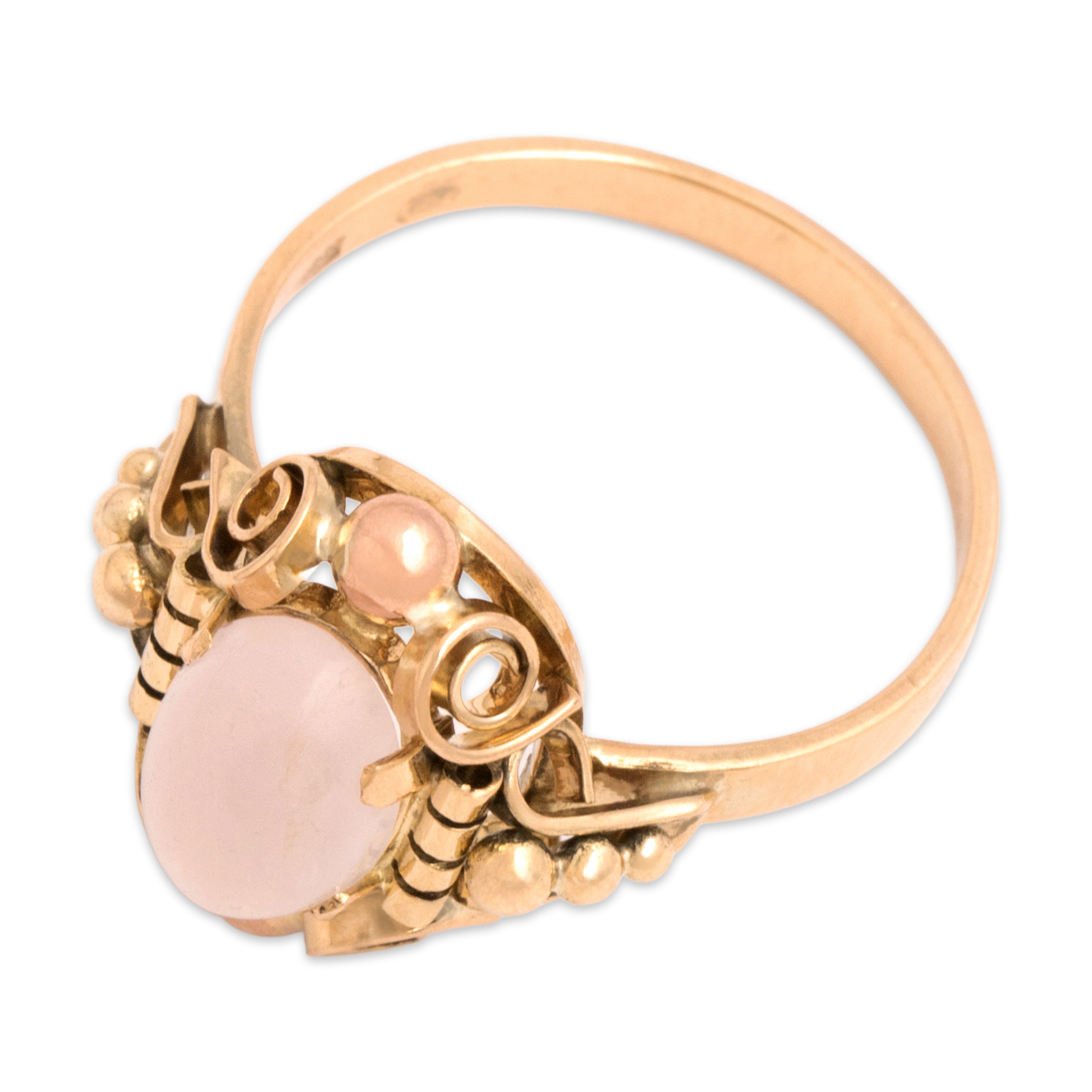 Vintage Austrian 14k Yellow & Rose Gold 1.43ct Rose Quartz Detailed Scrolling Frame Ring - Overall view