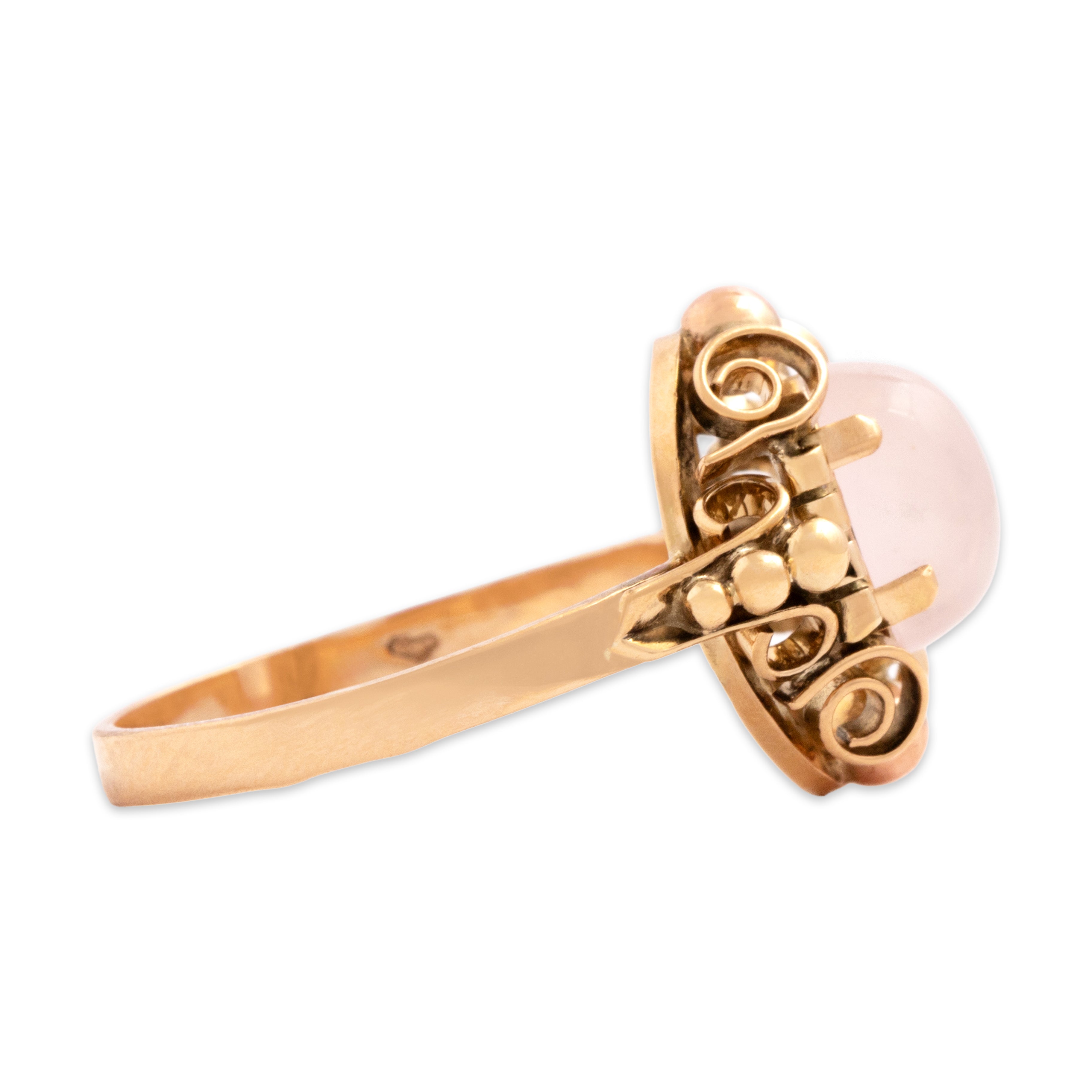 Vintage Austrian 14k Yellow & Rose Gold 1.43ct Rose Quartz Detailed Scrolling Frame Ring - Side view
