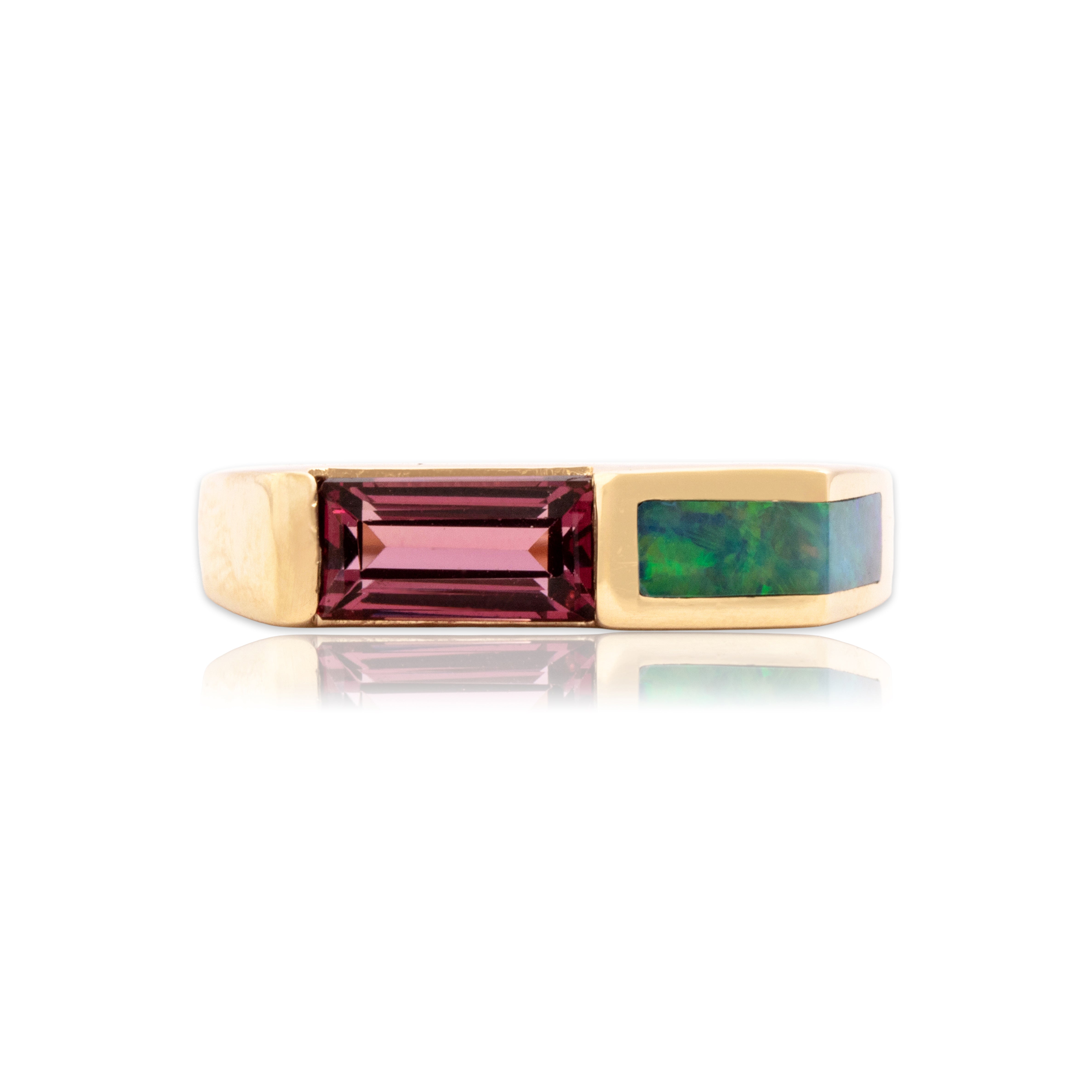 Vintage 14k Yellow Gold .74ct Pink Garnet Blue Opal Sleek Geometric Ring 6.00