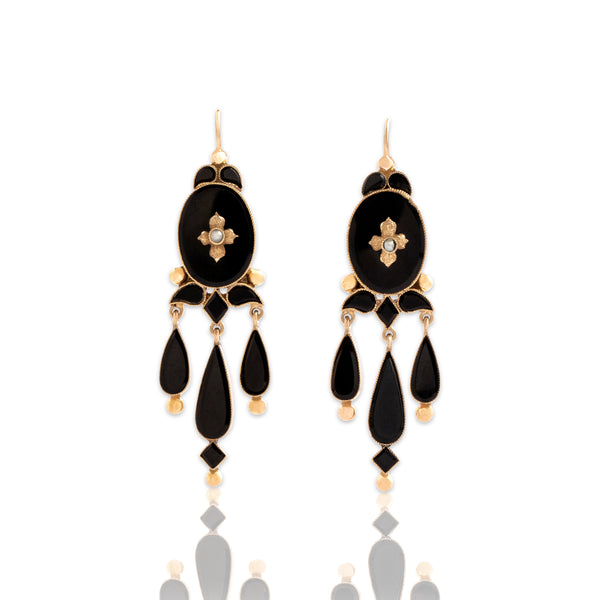 Antique Victorian 10k Yellow Gold Onyx Pearl Adorned Mourning-Style Dangle Earrings
