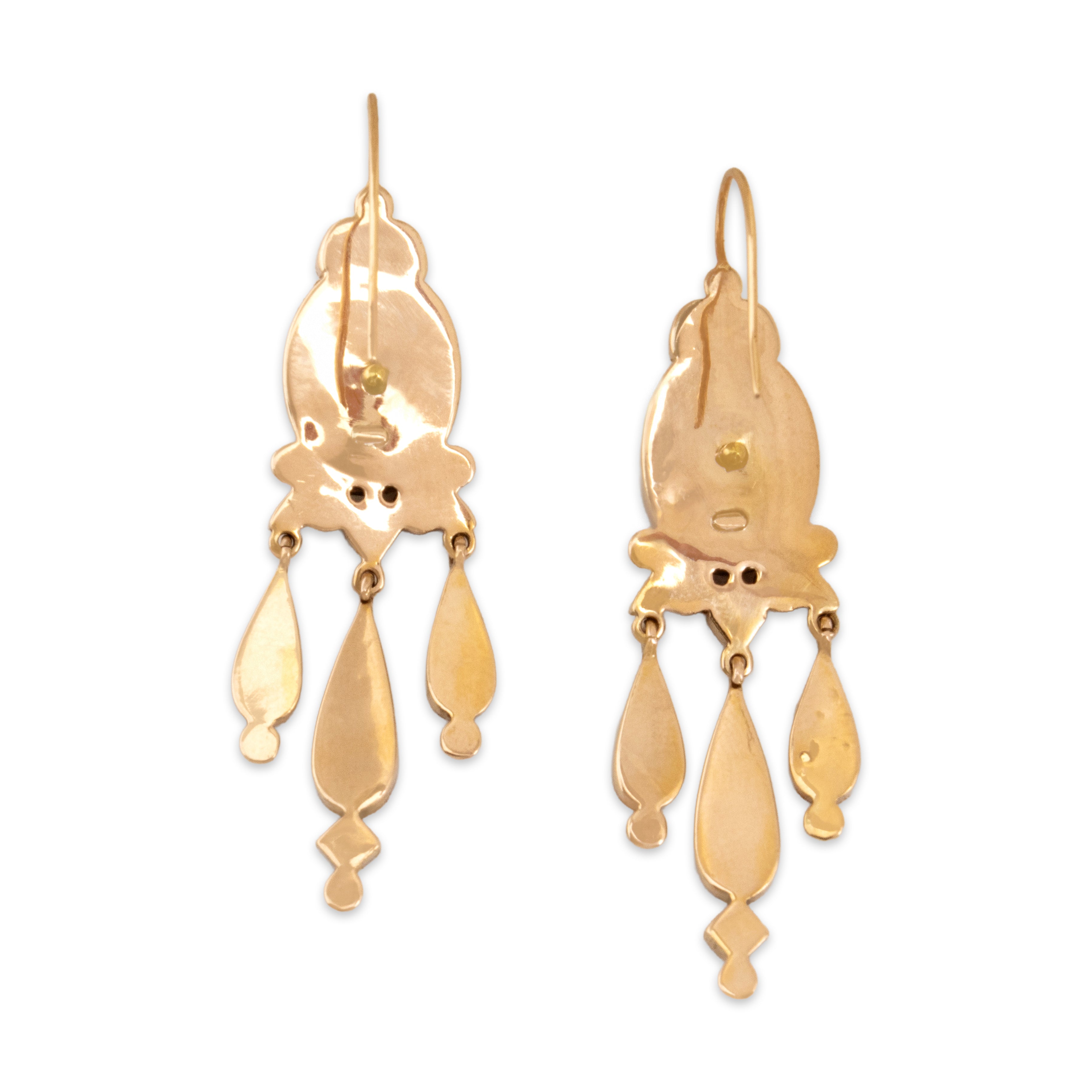 Antique Victorian 10k Yellow Gold Onyx Pearl Adorned Mourning-Style Teardrop Dangle Earrings - Back view