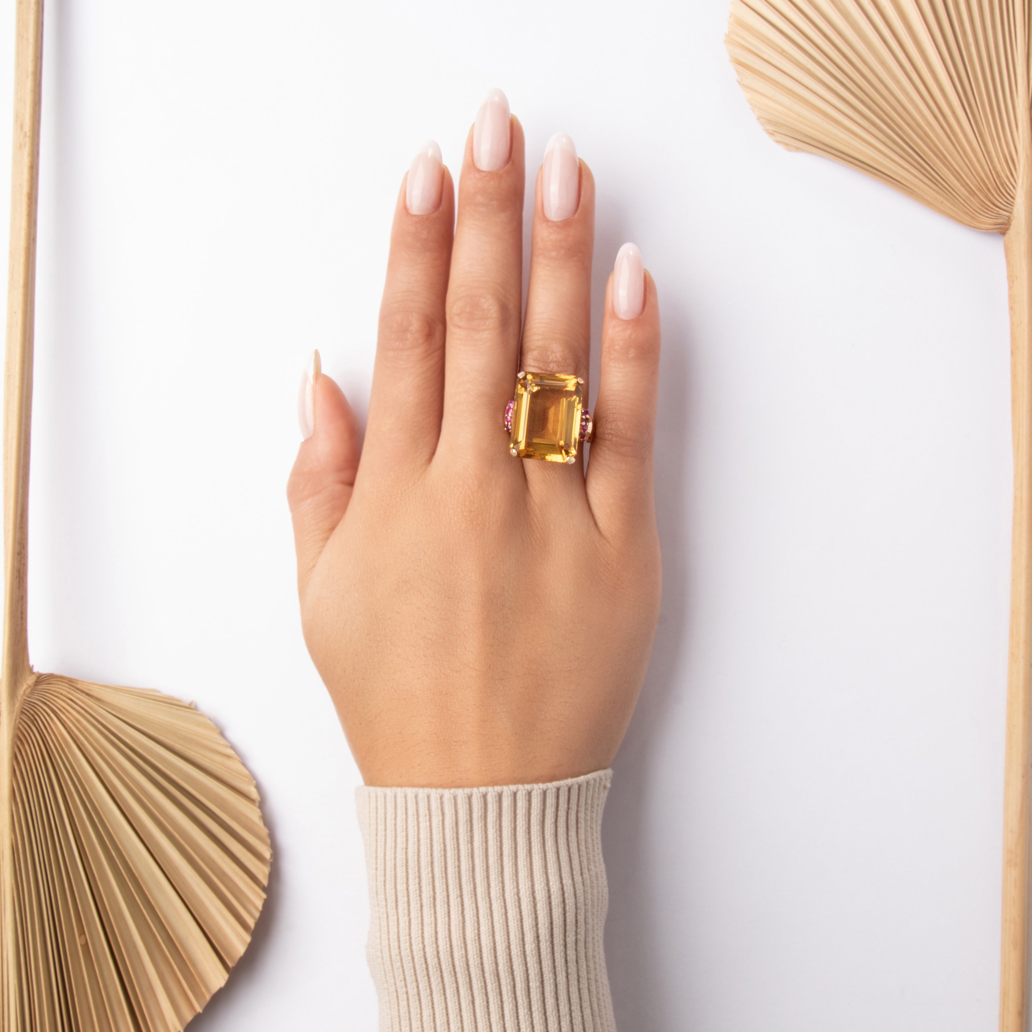 Vintage 14k & 10k Rosy Yellow Gold 26.2ct Citrine Ruby Oversized Honey Statement Cocktail Ring - On model view