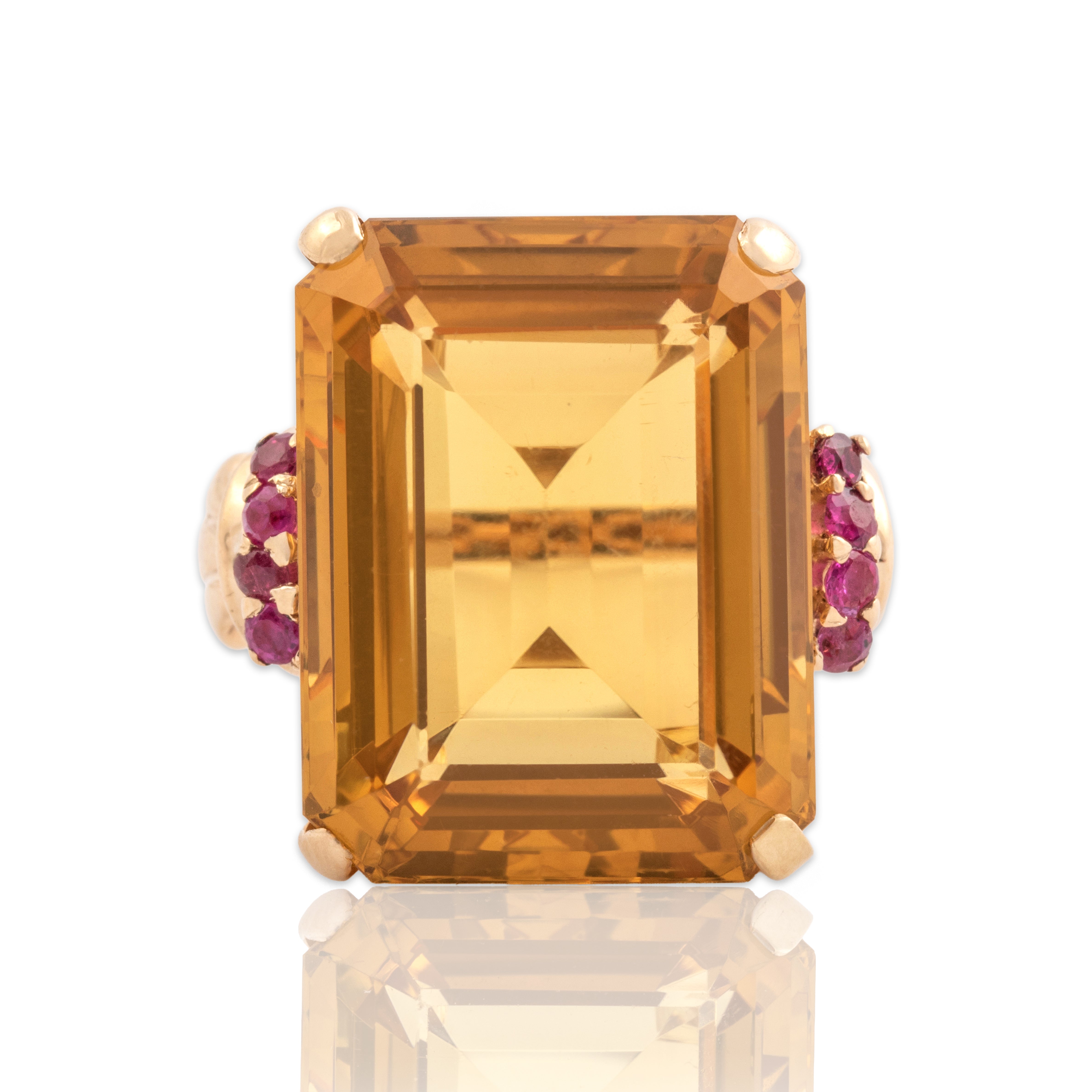 Vintage 14k & 10k Rosy Yellow Gold 26.2ct Citrine Ruby Oversized Honey Statement Cocktail Ring - Close-up view