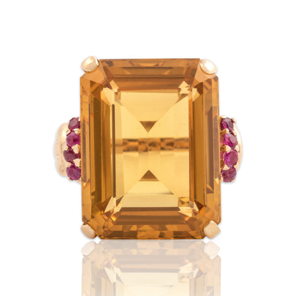 Vintage 14k & 10k Rosy Yellow Gold 26.2ct Citrine Ruby Oversized Cocktail Ring 7.50