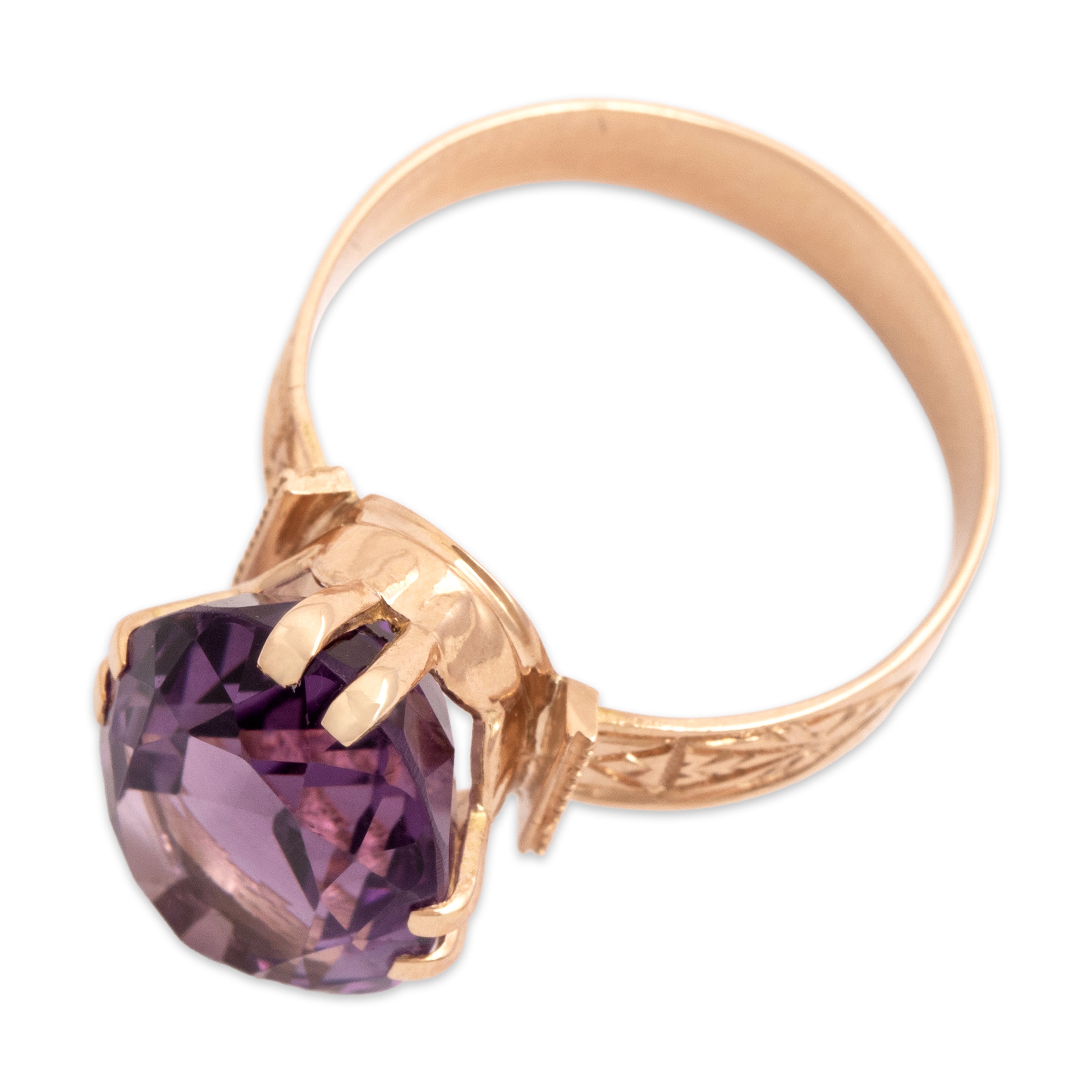 Antique Victorian 10k Rosy Yellow Gold 7.05ct Amethyst Striking Oval Decorated Band Ring - Overall view
