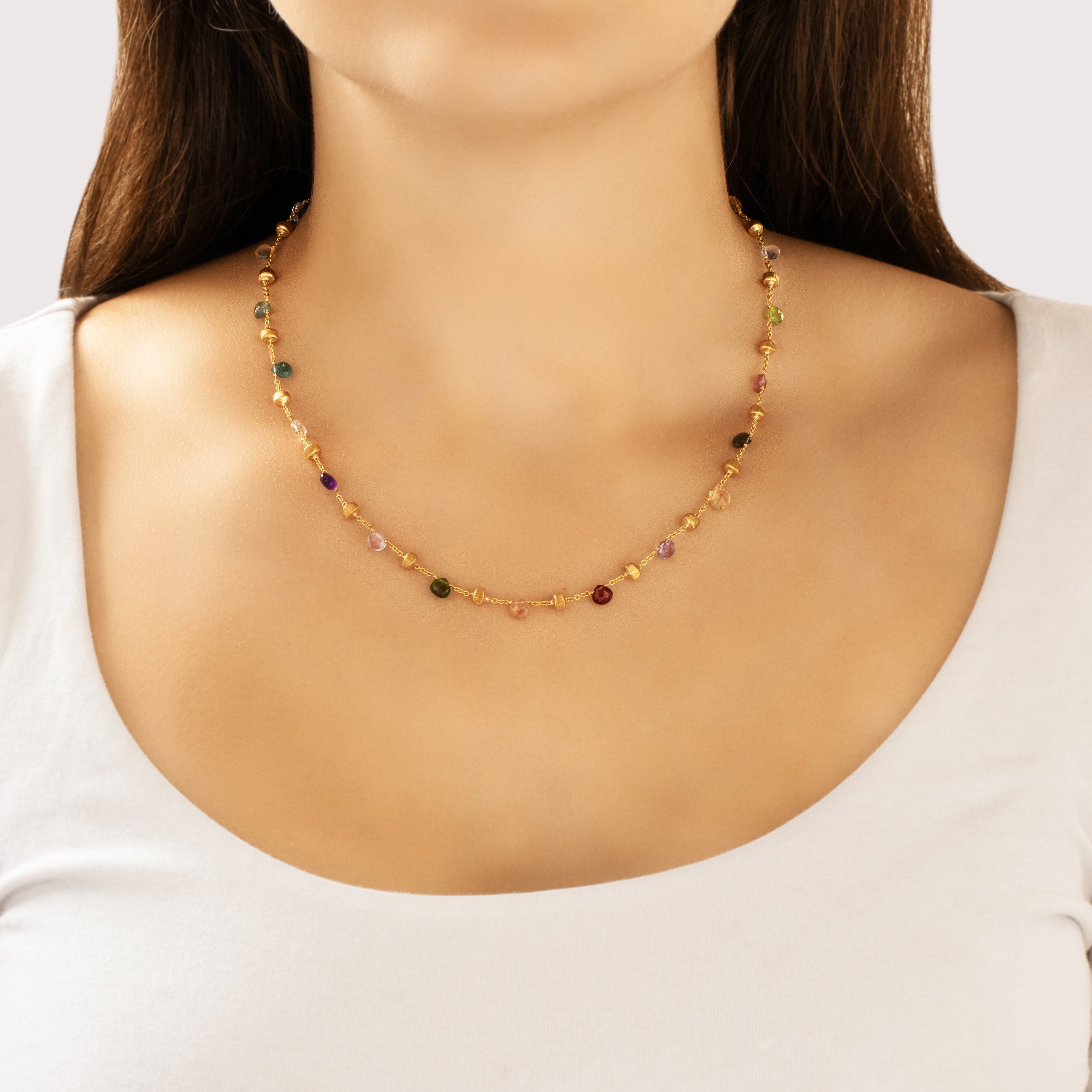 Estate Italian 18k Yellow Gold Multi-Color Multi-Stone Playful Summertime Briolette Necklace - On model view