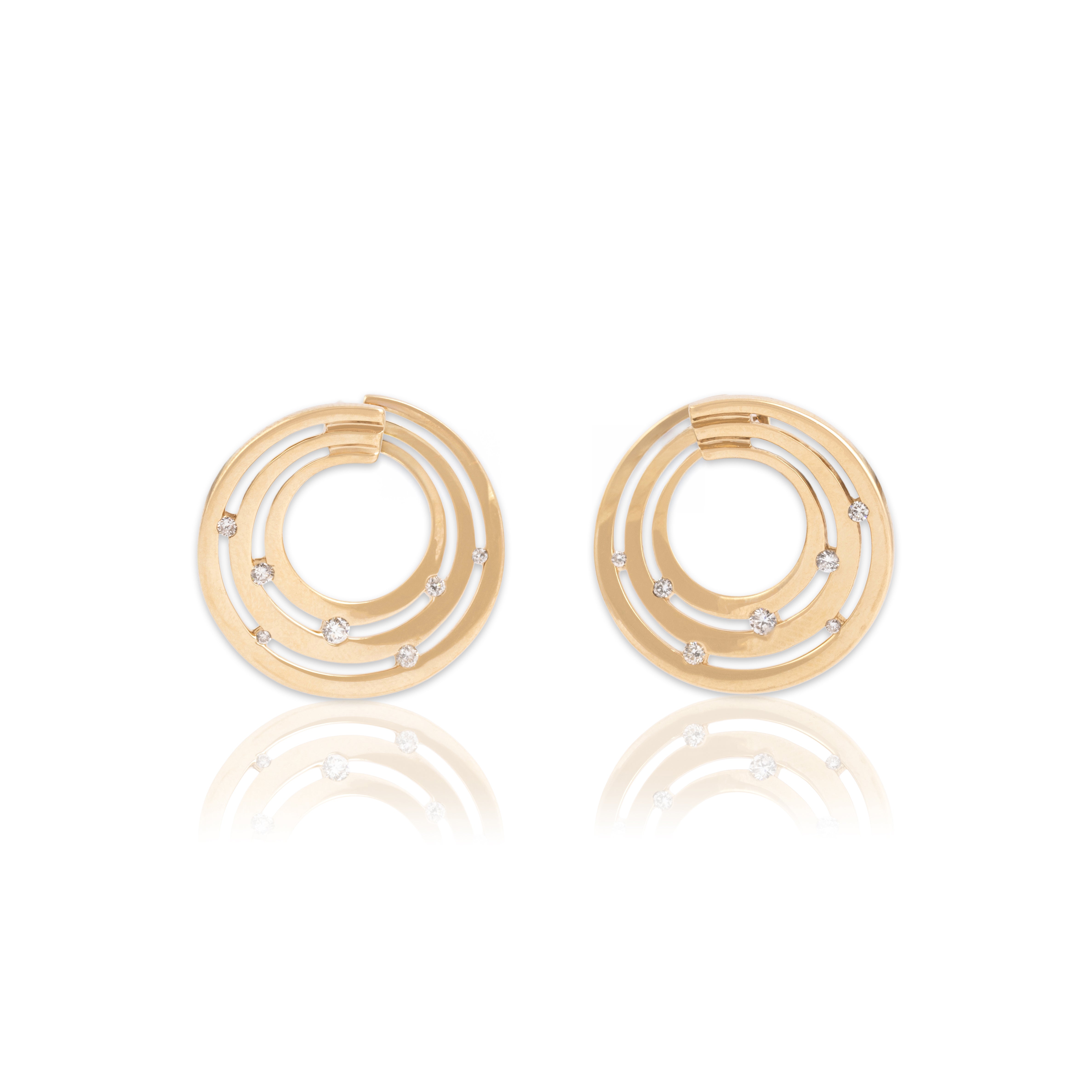 Vintage 14k Yellow Gold Diamond Sparkling Swirling Linear Hoop Earrings - Close-up view