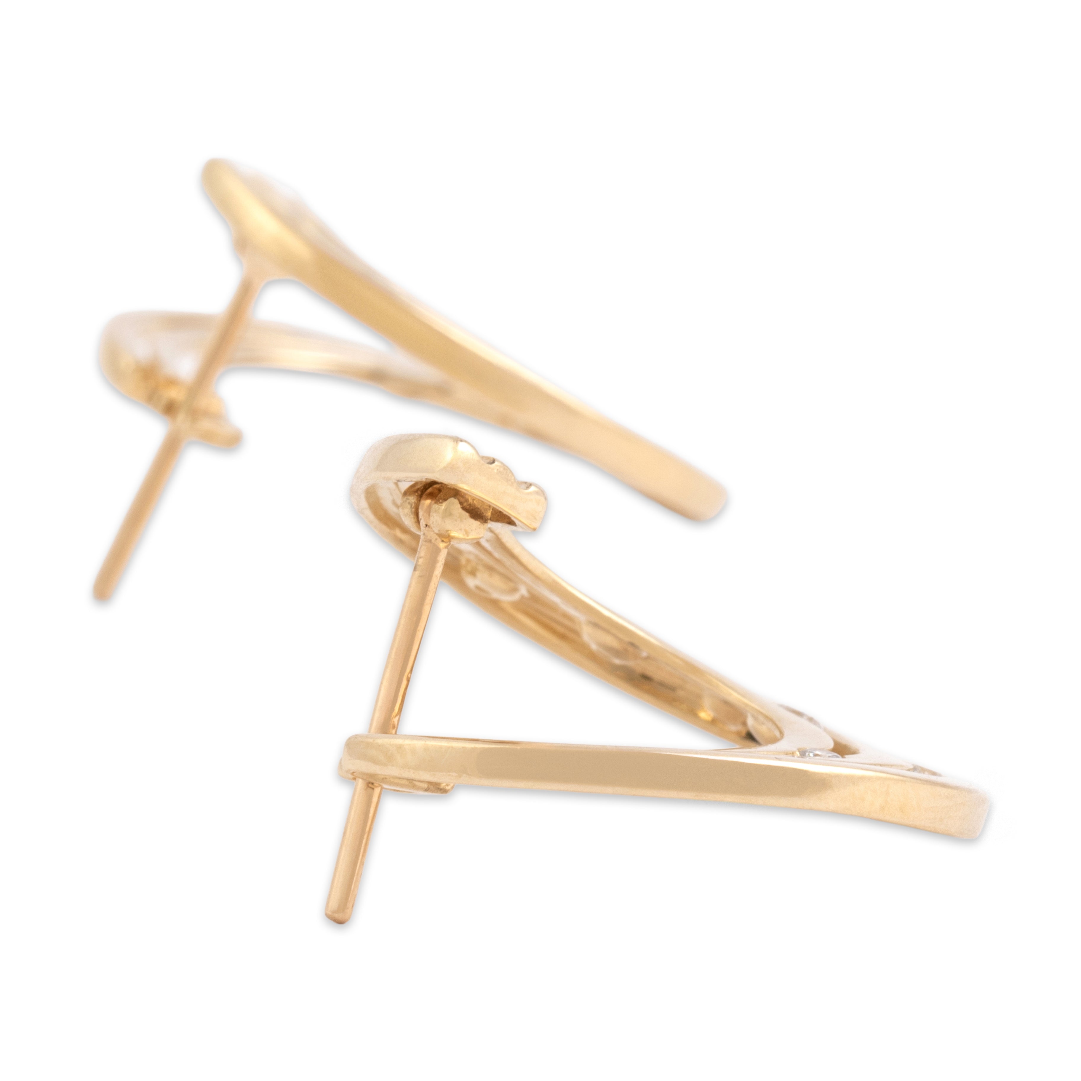 Vintage 14k Yellow Gold Diamond Sparkling Swirling Linear Hoop Earrings - detail view #1