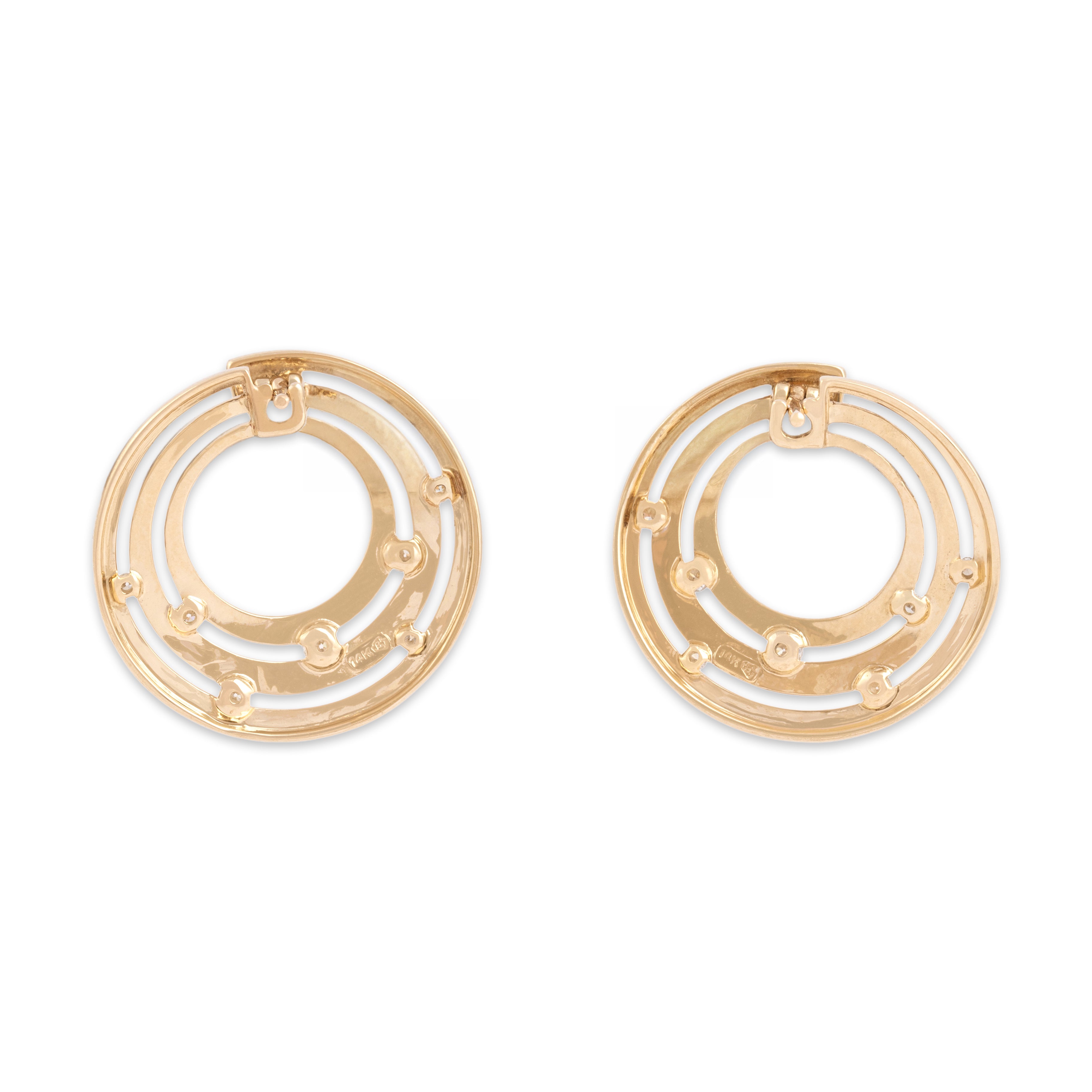 Vintage 14k Yellow Gold Diamond Sparkling Swirling Linear Hoop Earrings - Back view