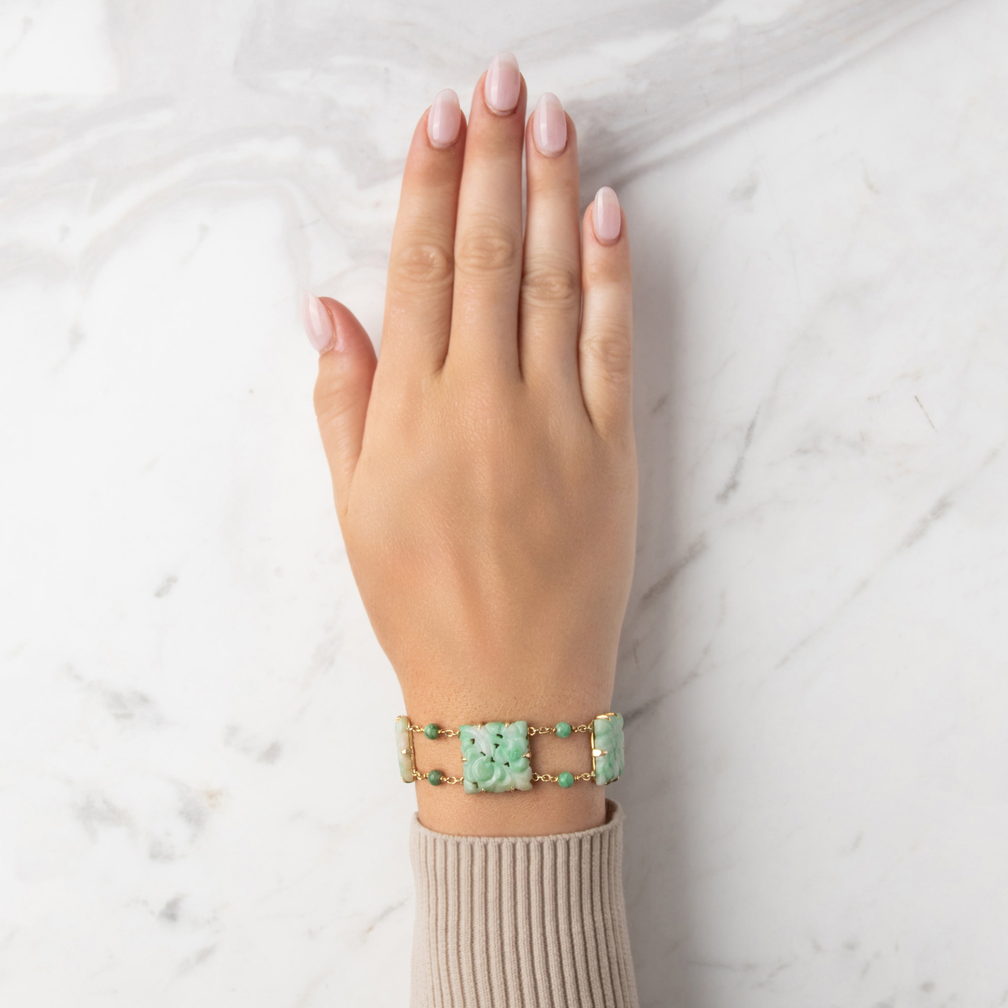 Vintage 10k Yellow Gold Jade Incredible Carved Link Bracelet - On model view
