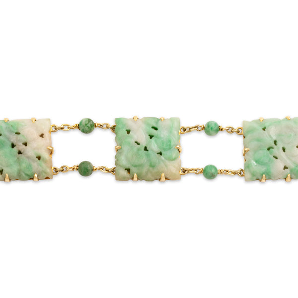 Vintage 10k Yellow Gold Jade Incredible Carved Link Bracelet - Close-up view