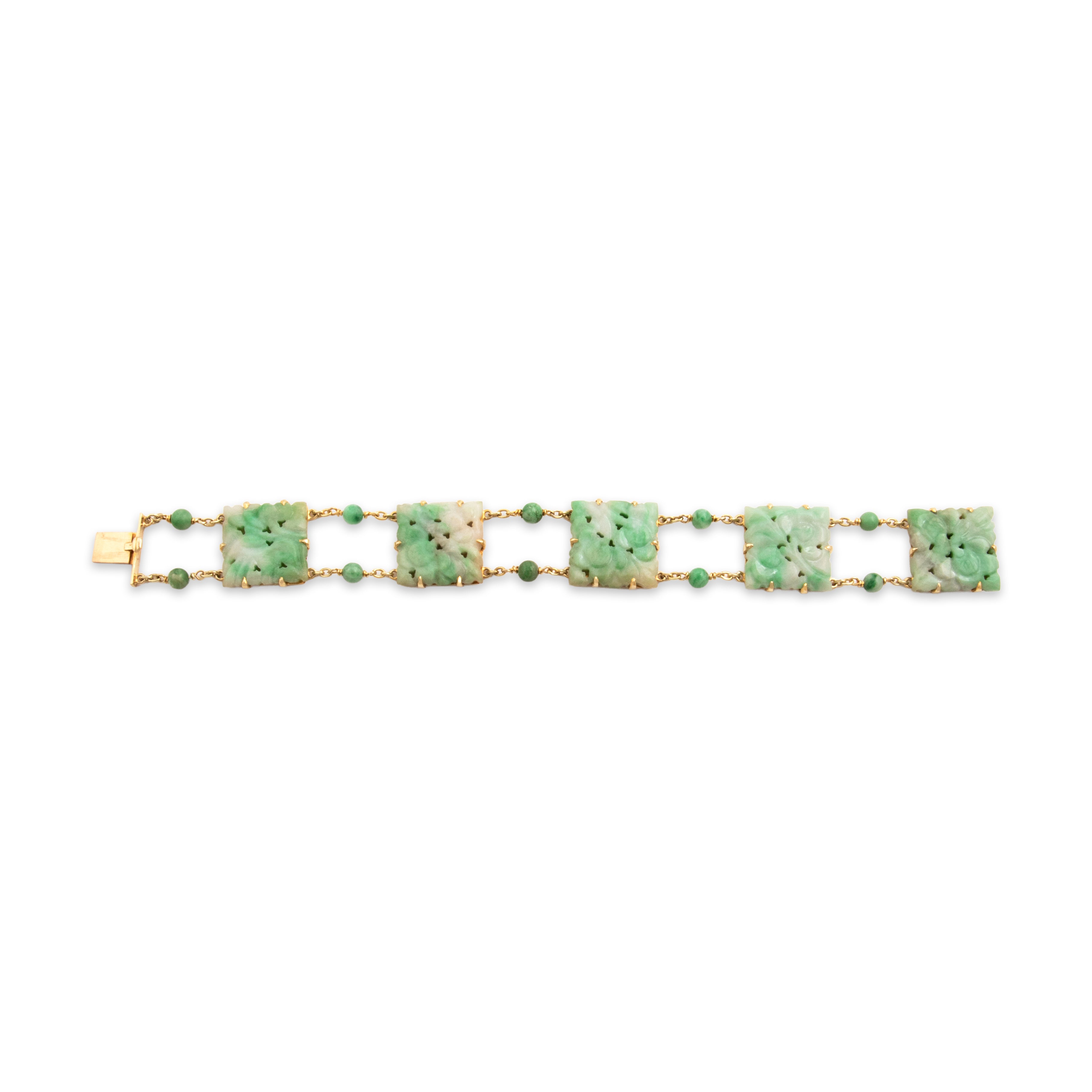 Vintage 10k Yellow Gold Jade Incredible Carved Link Bracelet - Overall view