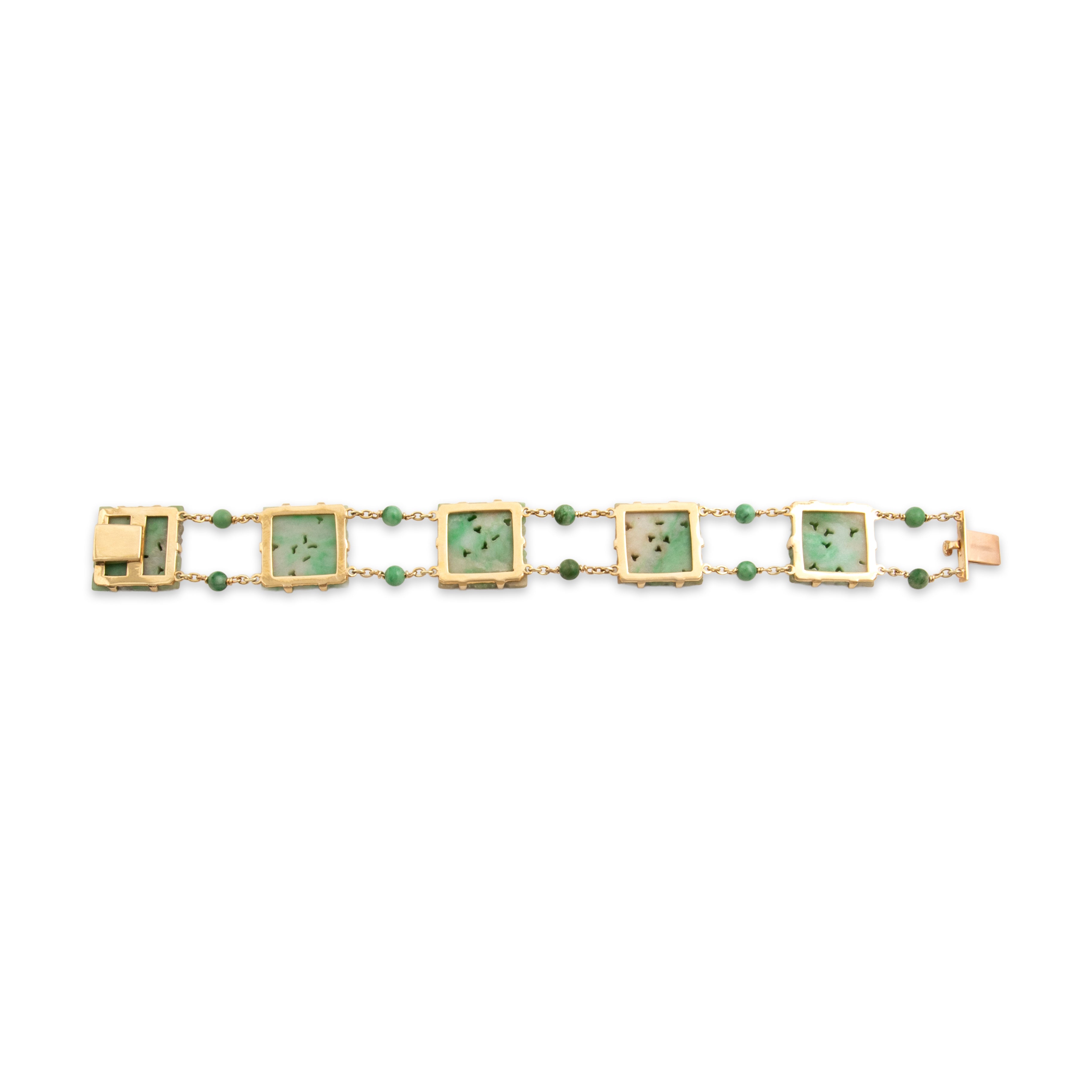 Vintage 10k Yellow Gold Jade Incredible Carved Link Bracelet - Back view