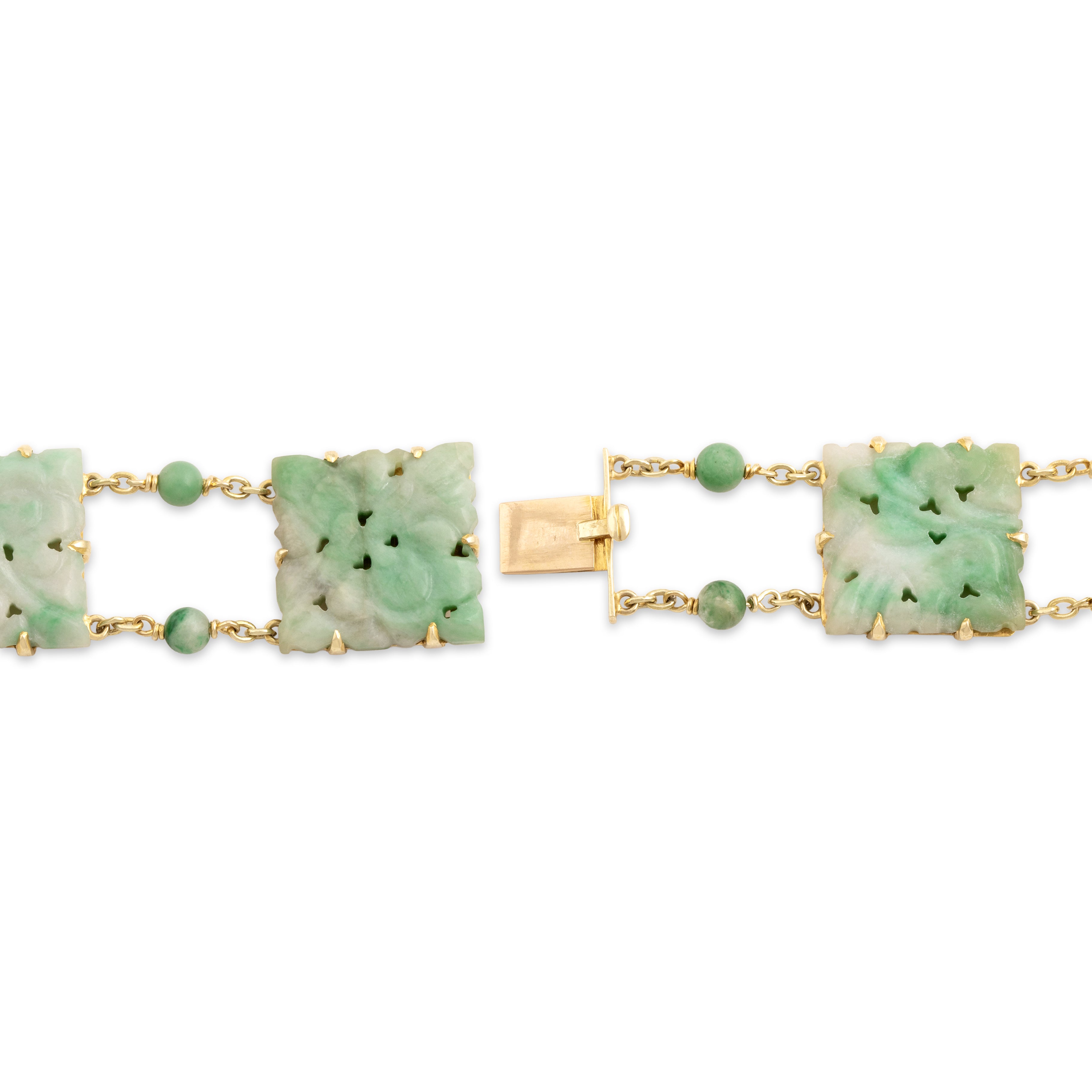 Vintage 10k Yellow Gold Jade Incredible Carved Link Bracelet - clasp view
