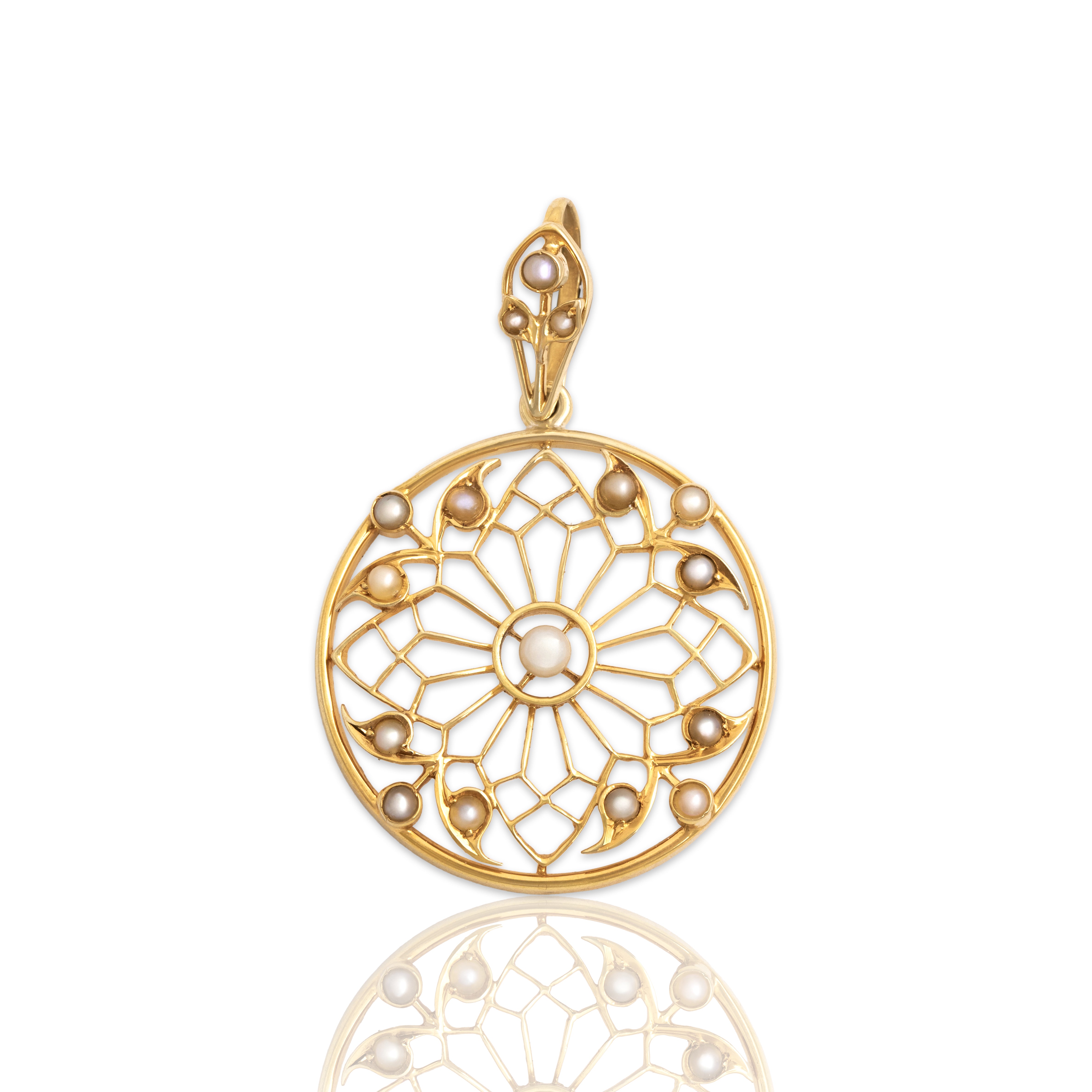 Antique Large 15k Yellow Gold Pearl Openwork Medallion Pendant - Close-up view