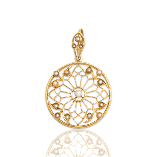 Antique 15k Yellow Gold Pearl Beautiful Openwork Medallion Pendant