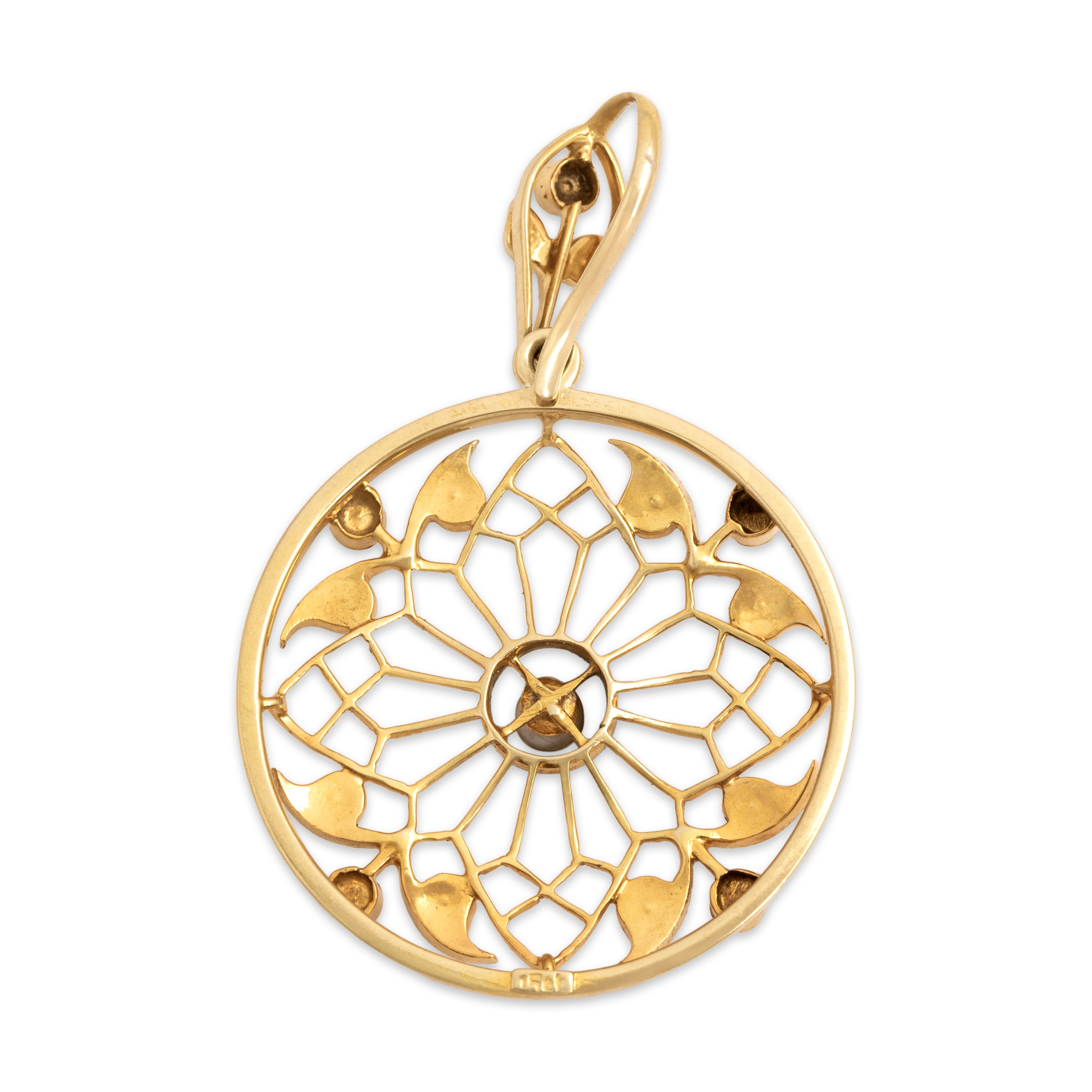 Antique Large 15k Yellow Gold Pearl Openwork Medallion Pendant - Back view