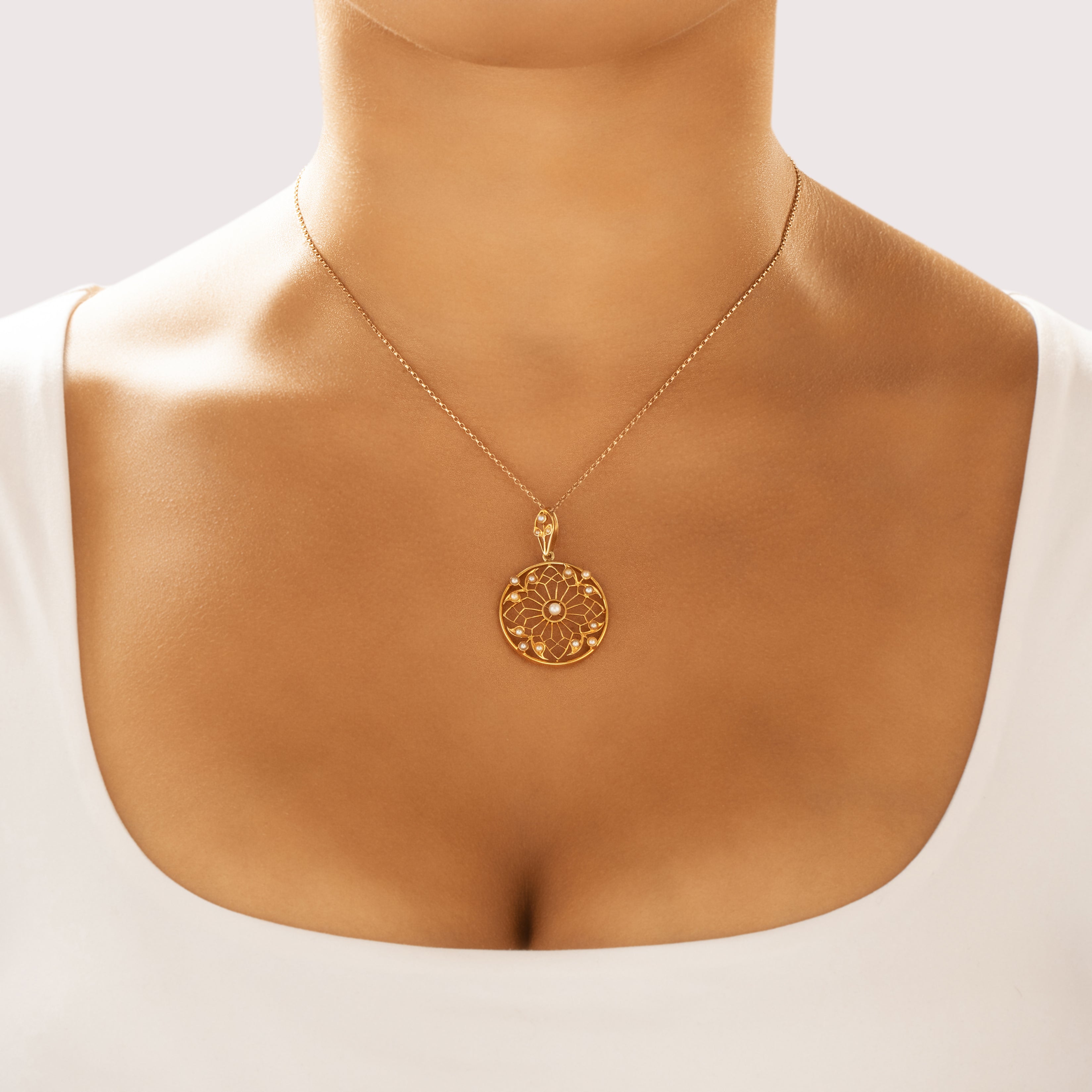 Antique 15k Yellow Gold Pearl Beautiful Openwork Medallion Pendant
