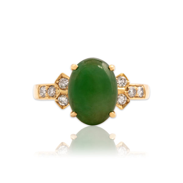 Vintage 14k Yellow Gold 3.53ct Jade Diamond Bright Glittering Shoulder Ring 5.25